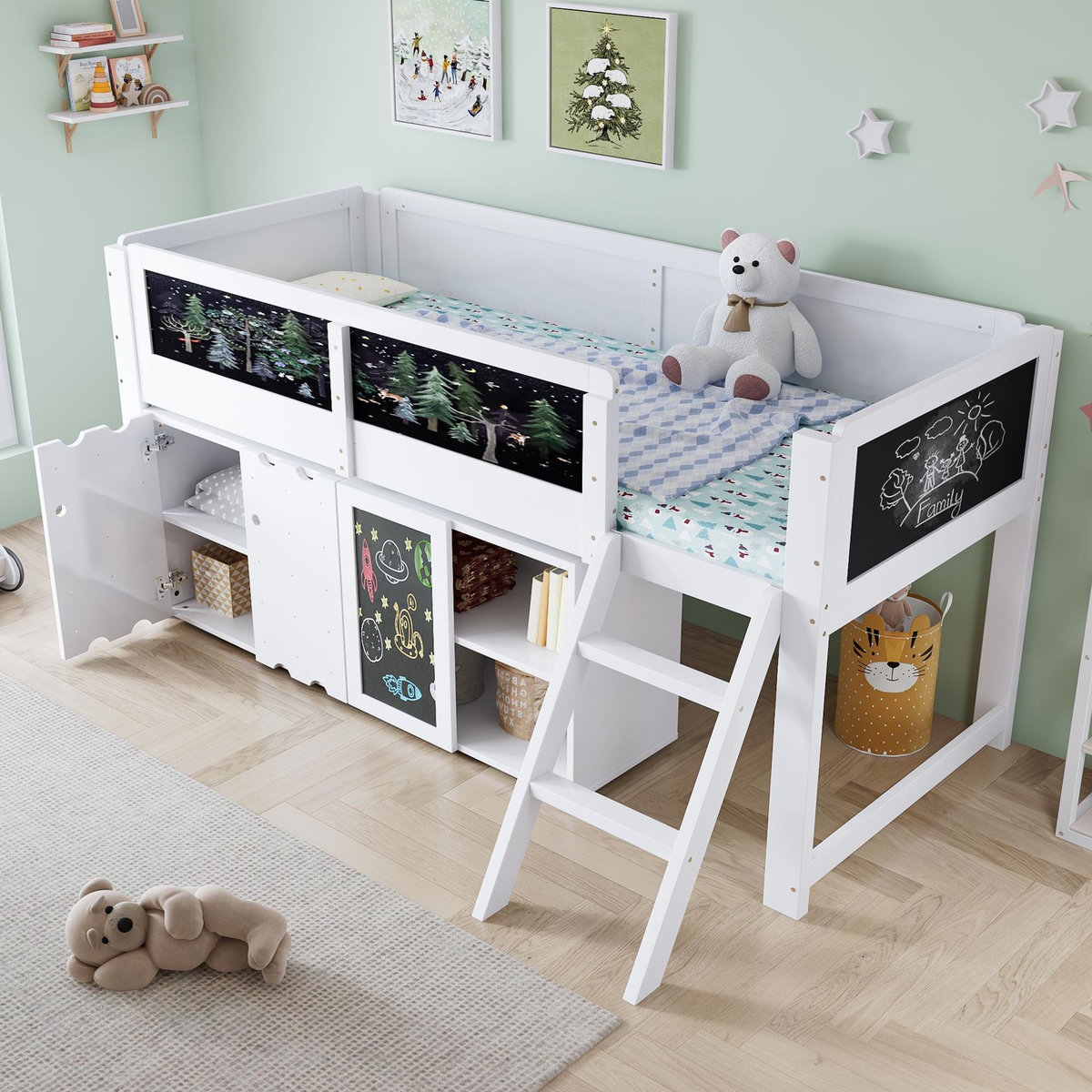 MERAX Lit enfant mi hauteur 90x200 cm coloris blanc pin