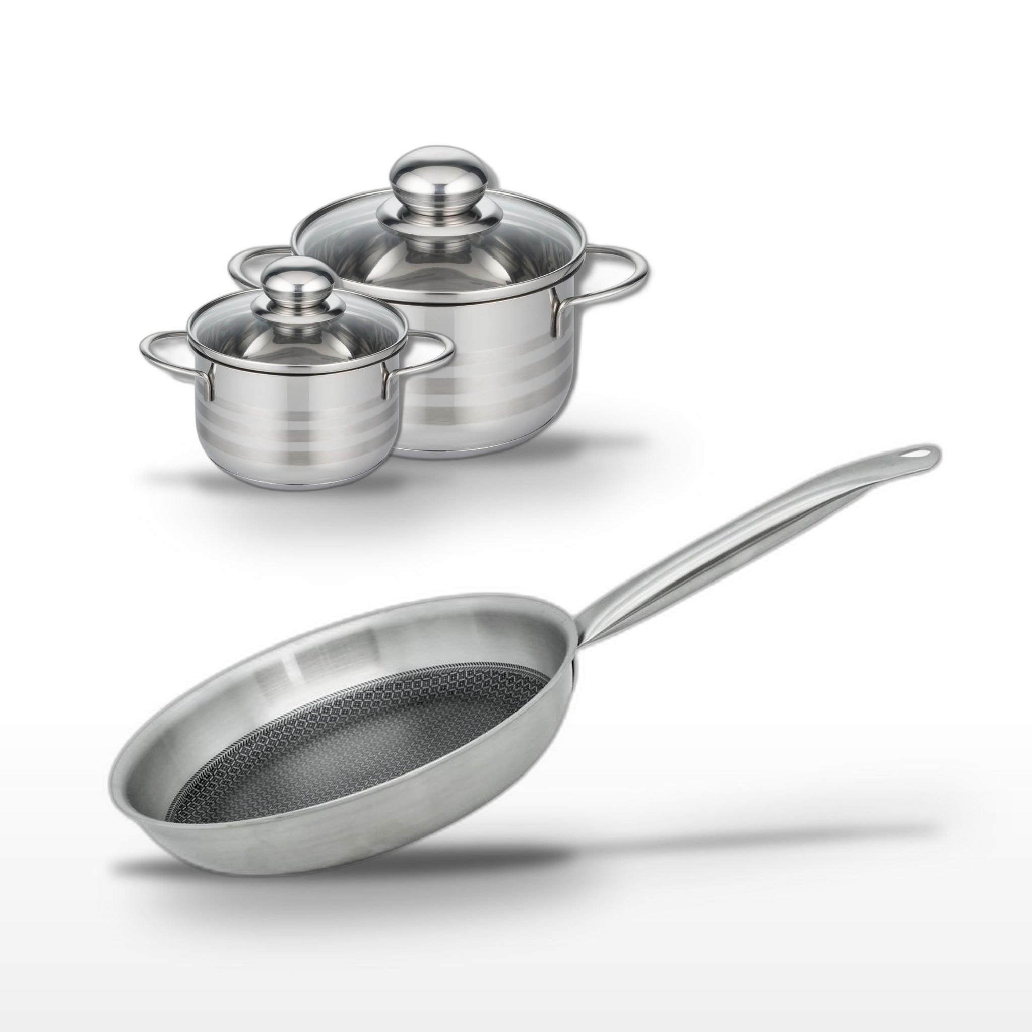 ELO Batterie de cuisine avec 1 poêle 28 cm et 2 faitouts 12/16 cm en inox sans pfas elo collection relief solution brillant