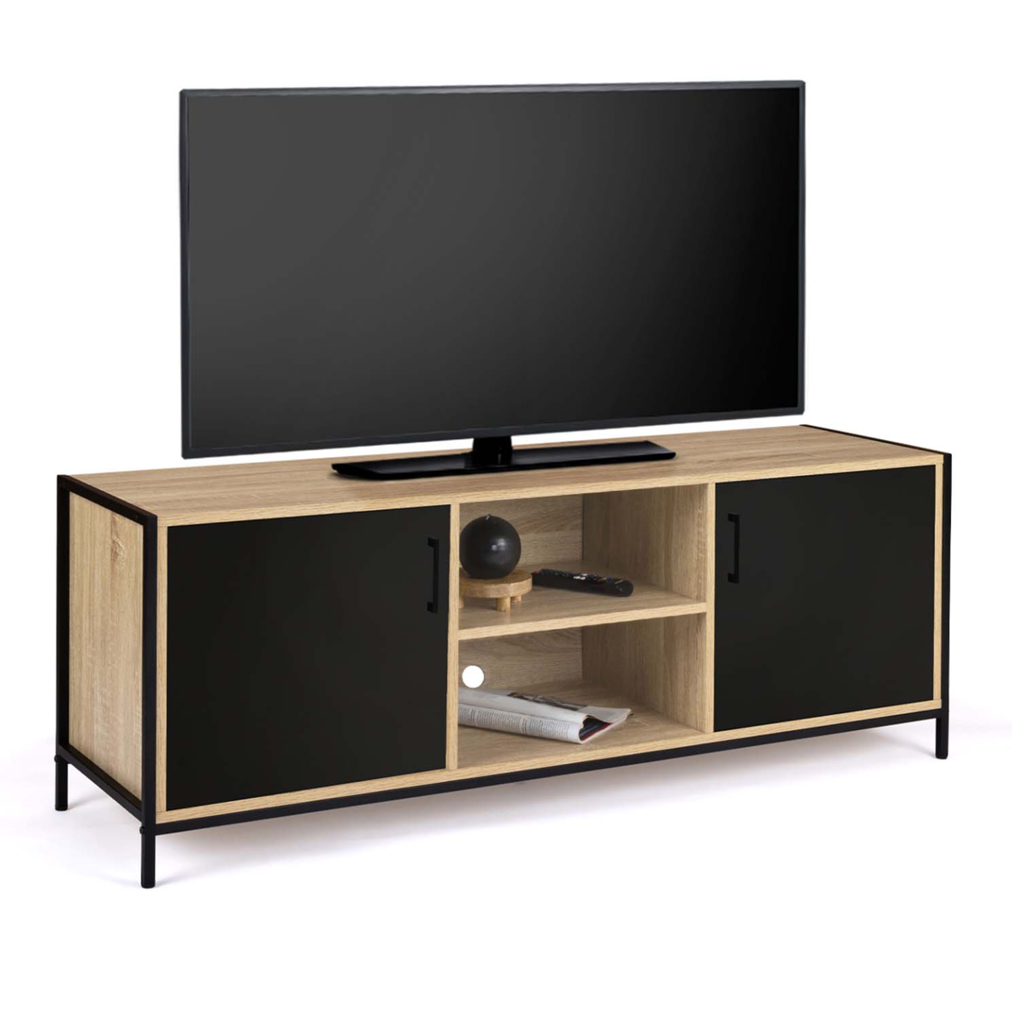 ID MARKET Meuble tv 140 cm boston 2 portes noires design industriel