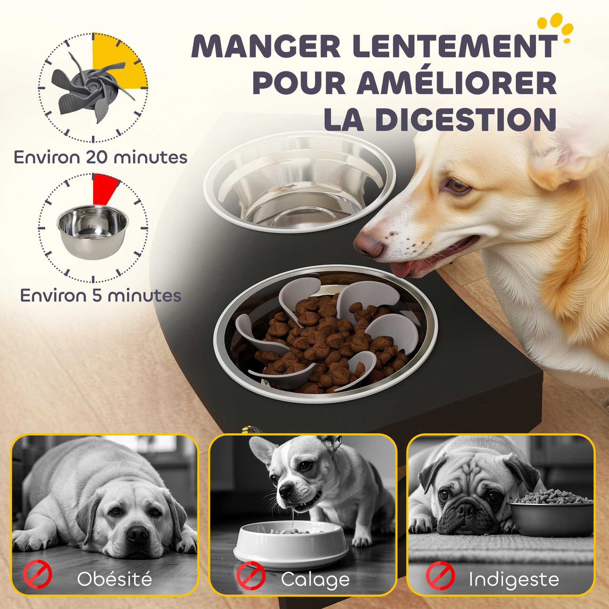 Voir la diapositive 5 : PAWHUT Porte-gamelles surélevé 2 écuelles une anti-glouton acier inox MDF noir