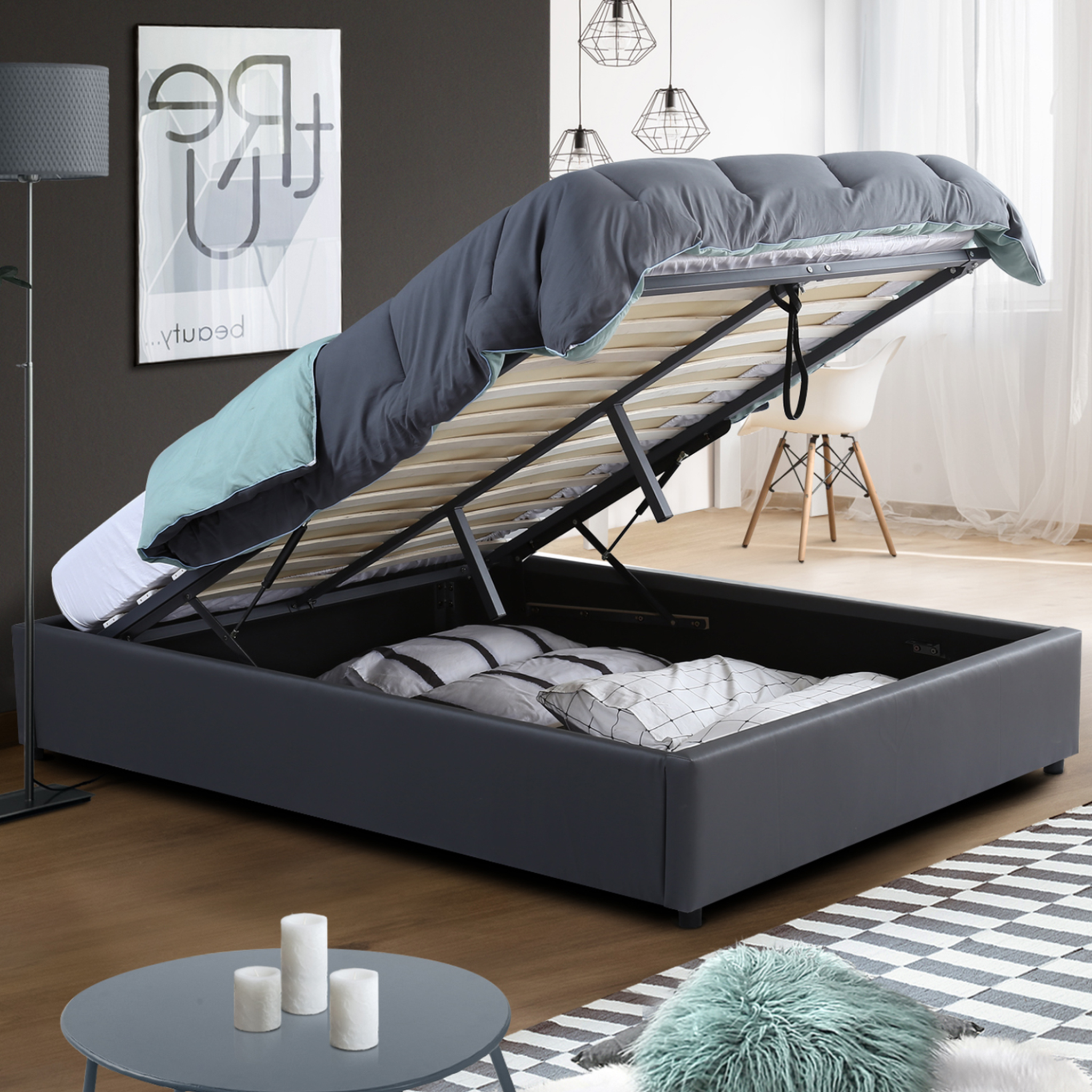 Voir la diapositive 2 : ID MARKET Lit coffre double miami avec sommier 160 x 200 cm pvc gris