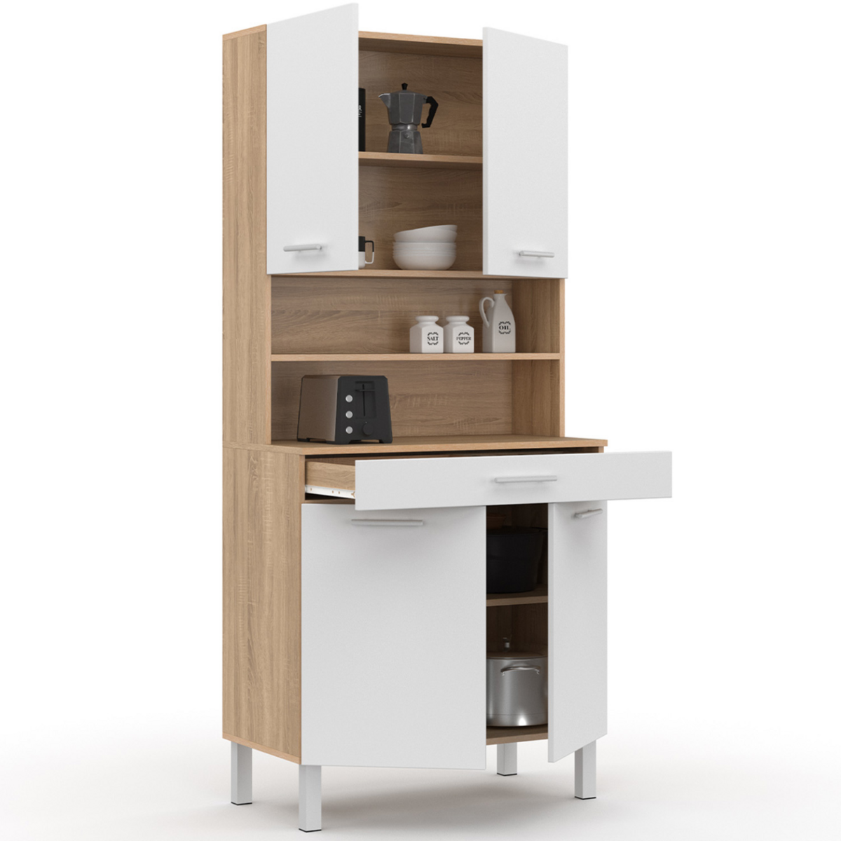 ID MARKET Buffet de cuisine 80 CM CINA 4 portes + tiroir façon hêtre et blanc