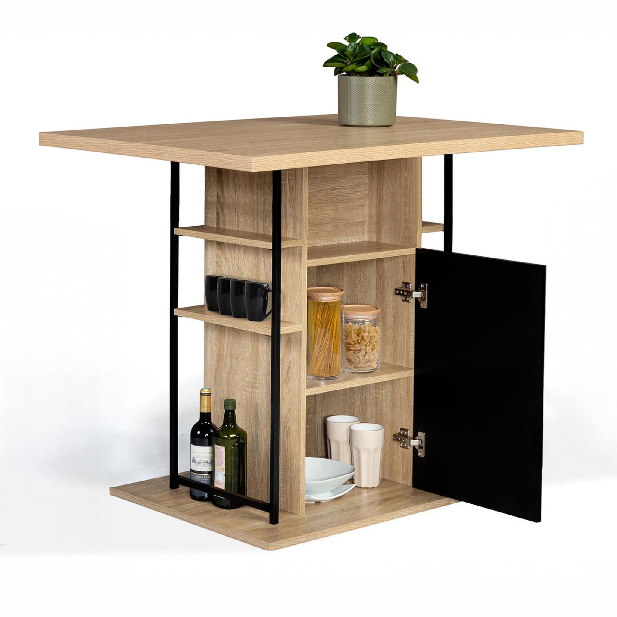 Voir la diapositive 4 : ID MARKET Ilot central ugo 110 cm bois noir et imitation hêtre avec rangements design industriel