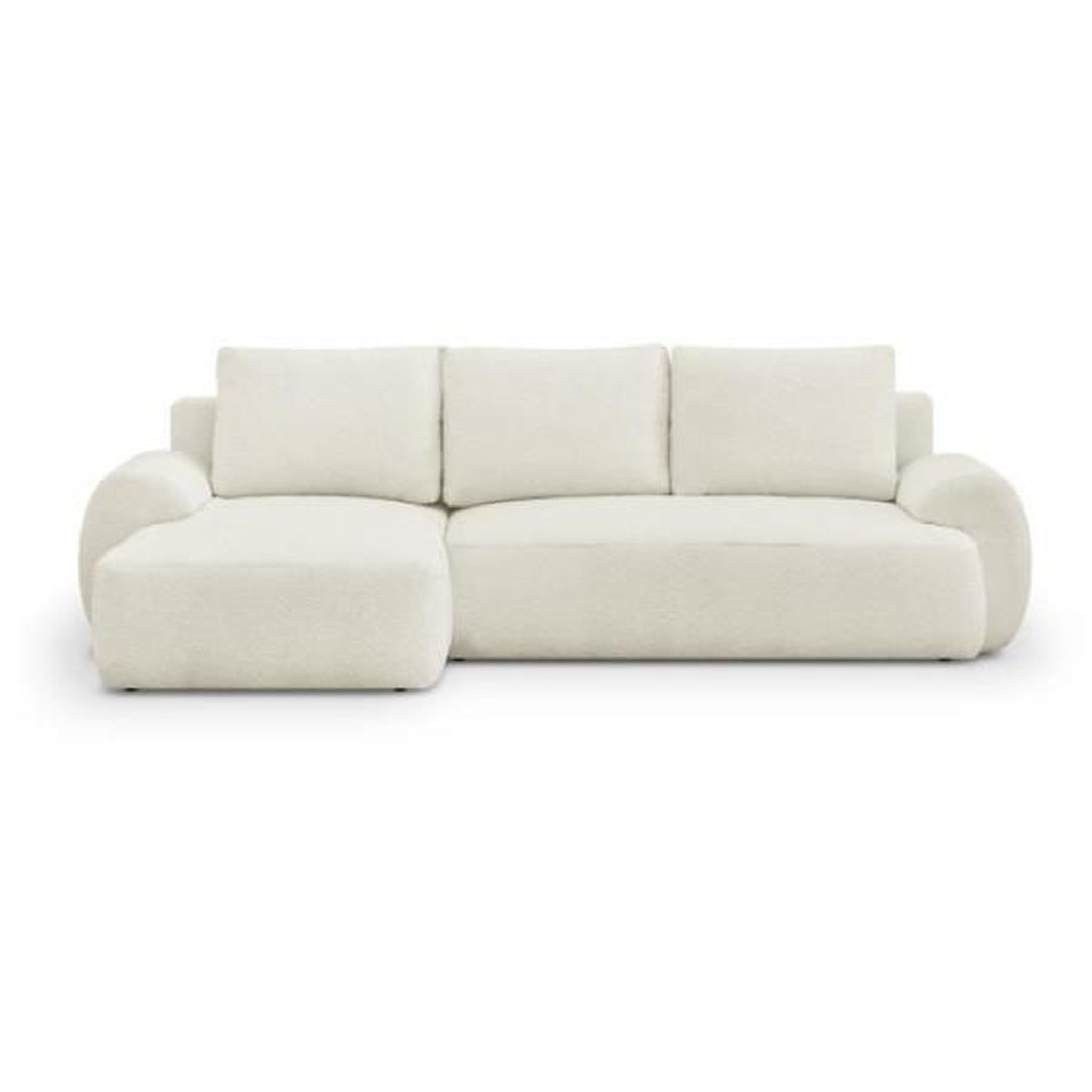 Voir la diapositive 3 : MARKET24 Canapé d'angle gauche convertible 4/5 places MILO - Tissu bouclette beige clair - Coffre de rangement - L 264 x H 84 x P 99/145