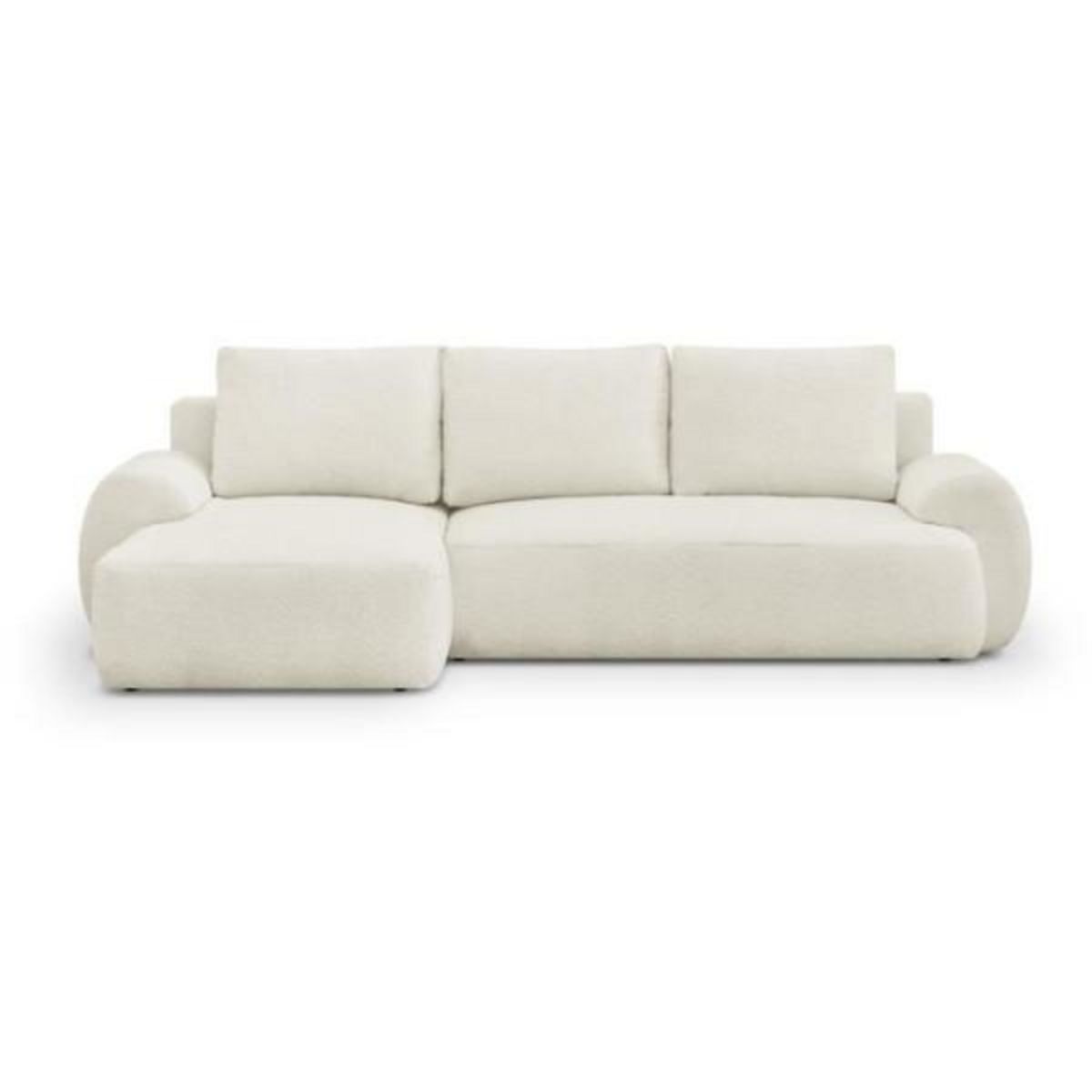 MARKET24 Canapé d'angle gauche convertible 4/5 places MILO - Tissu bouclette beige clair - Coffre de rangement - L 264 x H 84 x P 99/145