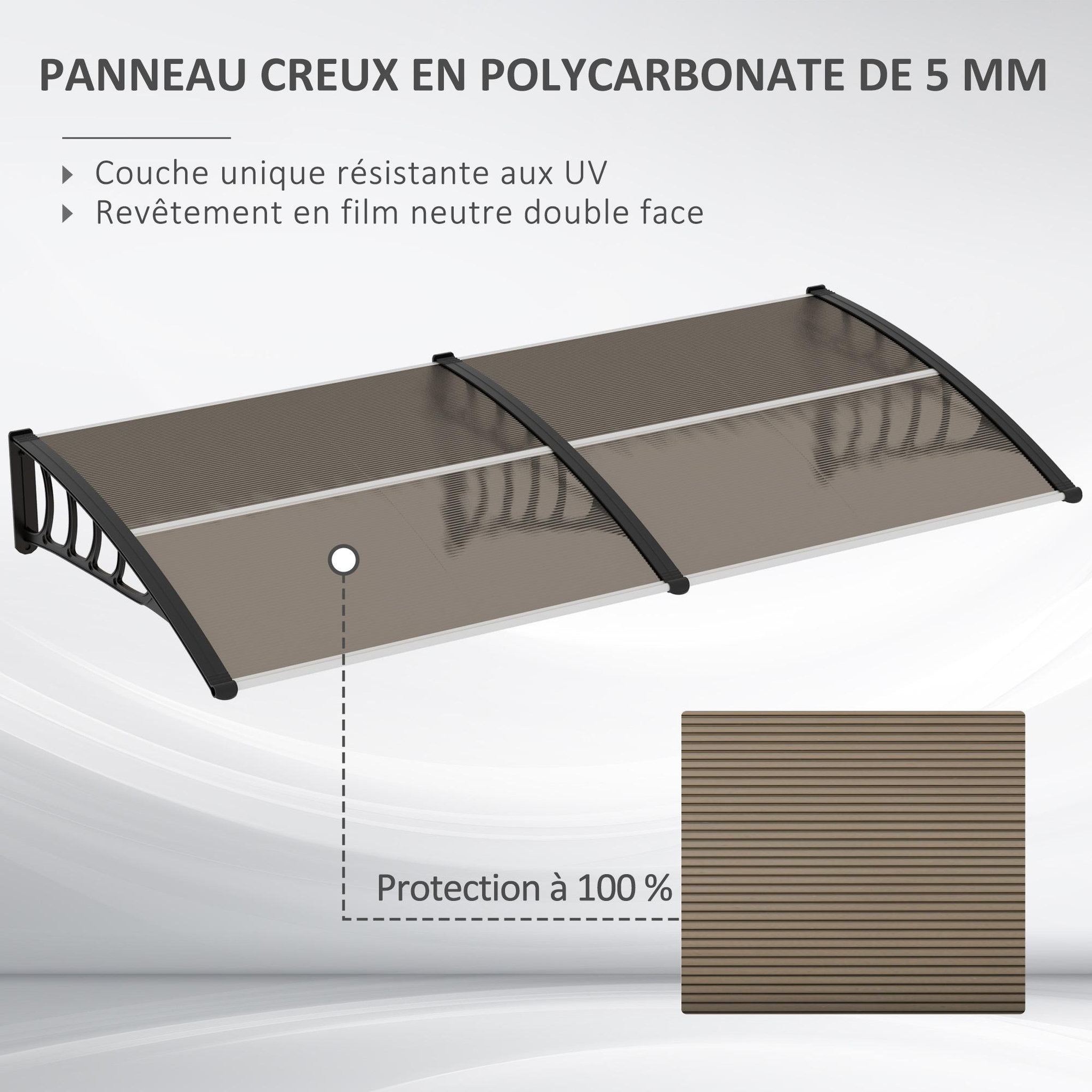 Voir la diapositive 4 : OUTSUNNY Auvent marquise de porte design voûté arrondi dim. 200L x 96l x 27H cm polycarbonate fumé brun PP noir