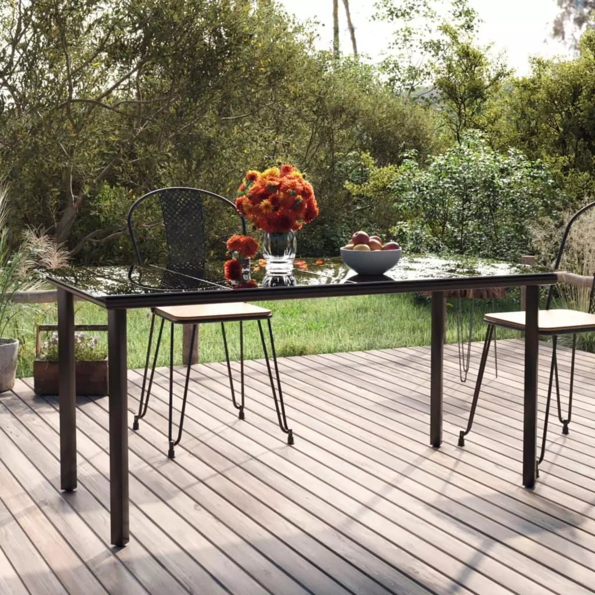 VIDAXL Table a dîner de jardin Noir 160x80x74 cm Acier et verre trempe