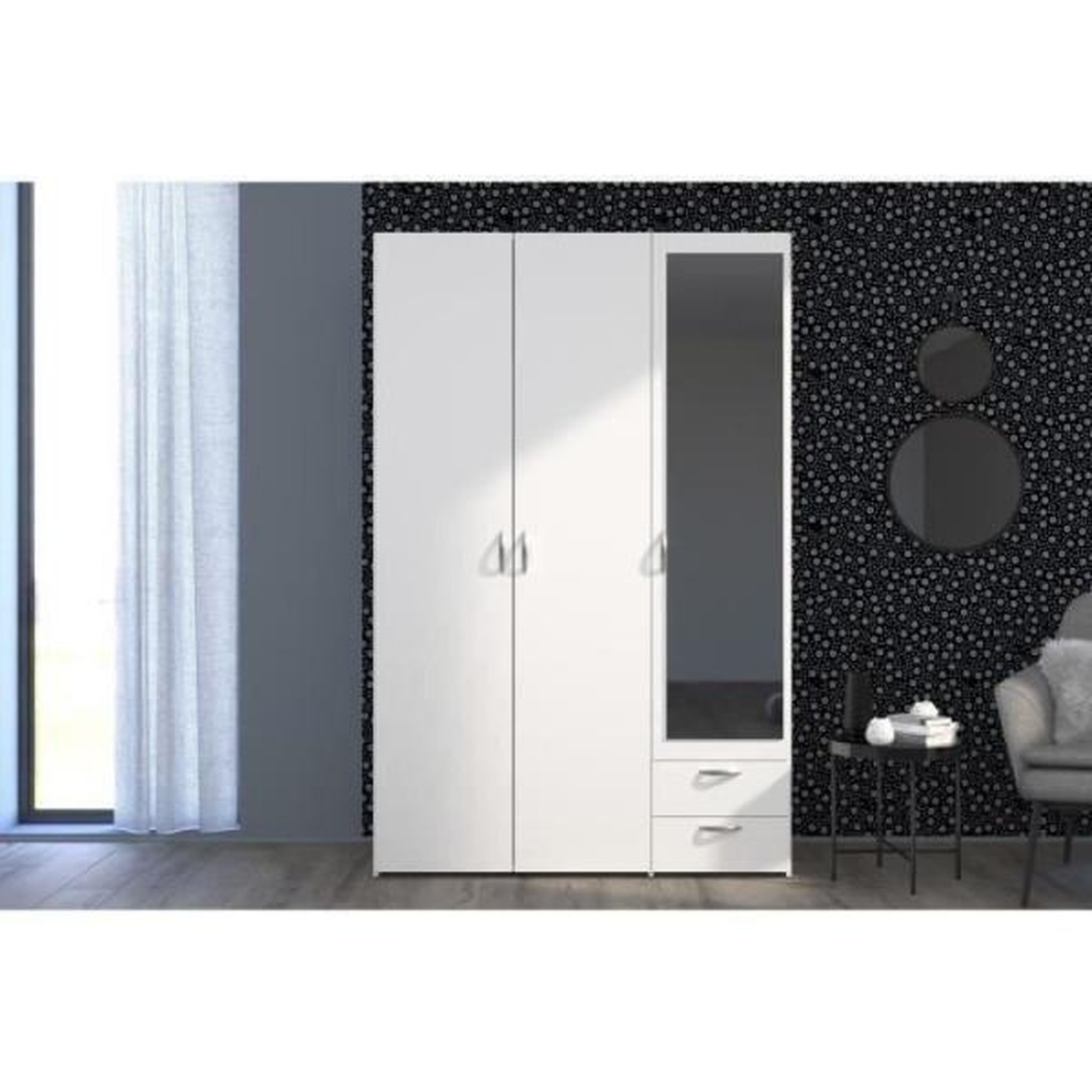 Voir la diapositive 2 : PARISOT Armoire VARIA - Décor blanc - 3 portes battantes + miroir + 2 tiroirs - L 120 x H 185 x P 51 cm - PARISOT