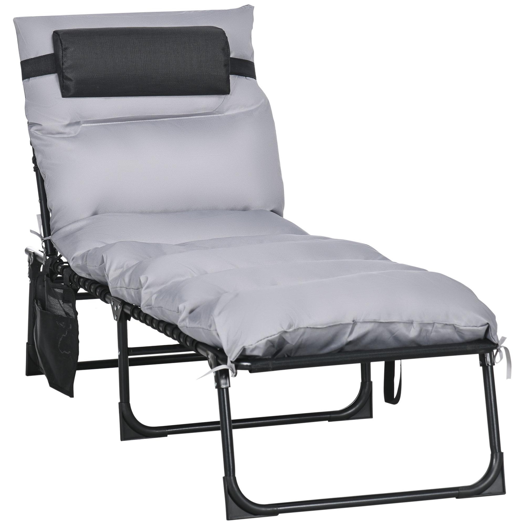 Voir la diapositive 1 : OUTSUNNY Bain de soleil transat pliable inclinable avec poignée, pochette rangement et matelas grand confort gris
