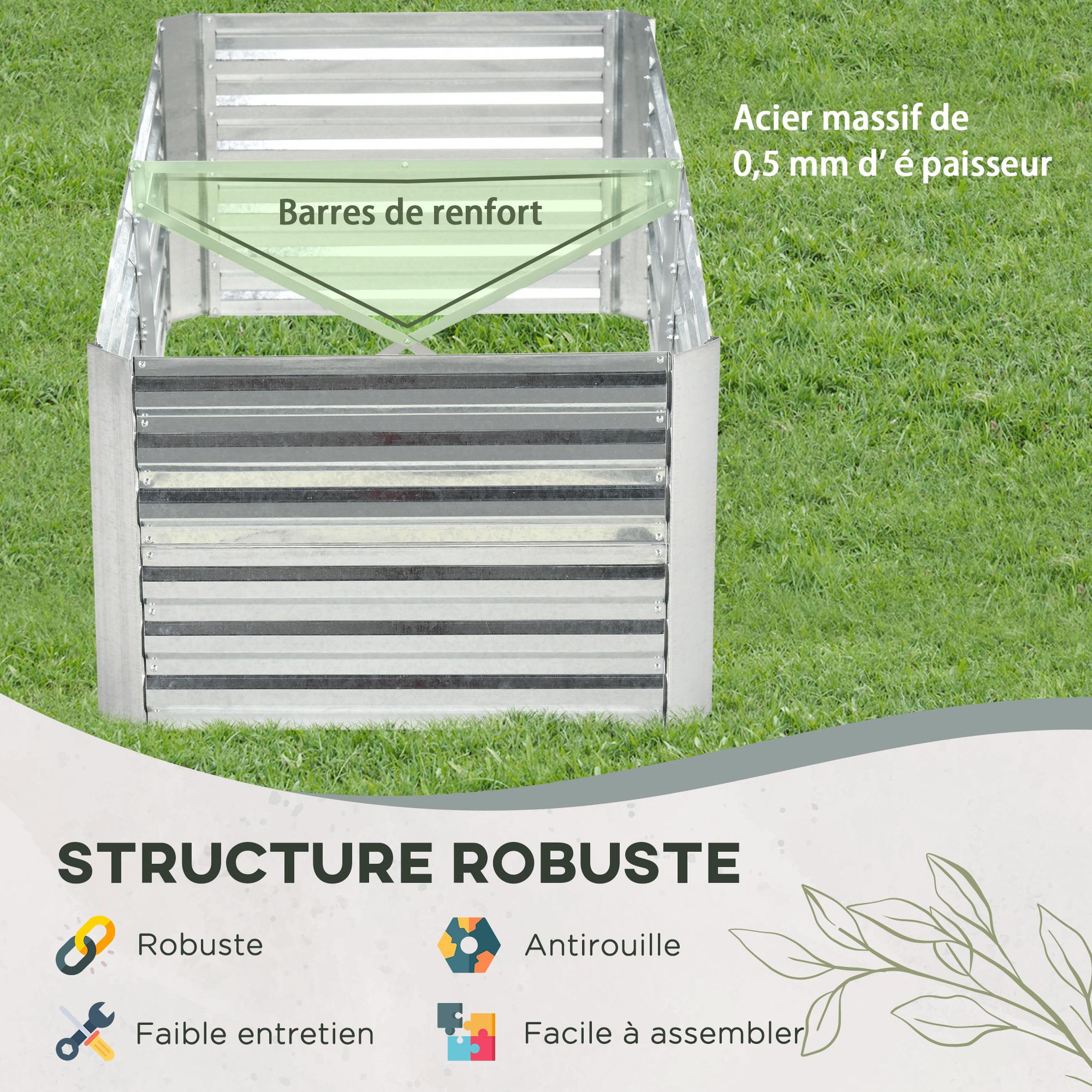 Voir la diapositive 4 : OUTSUNNY Carré potager de jardin renforcé - dim. 180L x 90l x 59H cm - tôle d'acier ondulée galvanisée