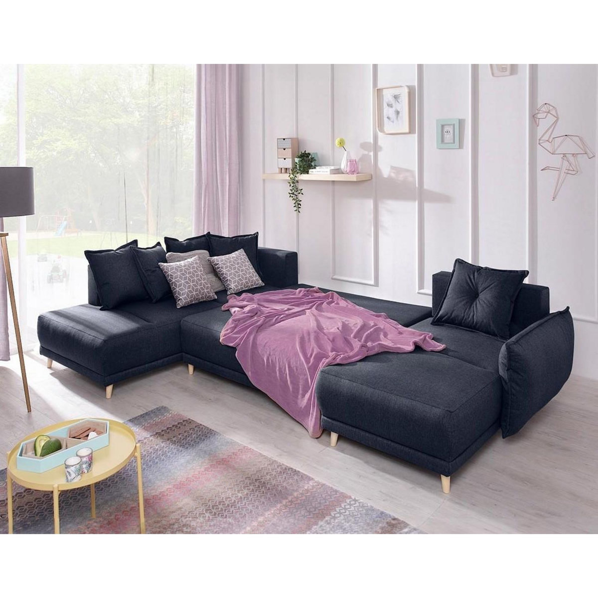 BEST MOBILIER Lena - canapé d'angle panoramique convertible - avec coffre - 7 places - gauche