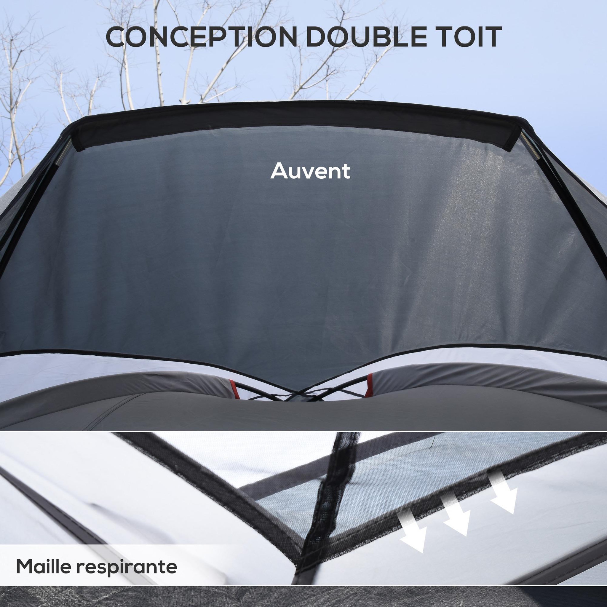 Voir la diapositive 5 : OUTSUNNY Tente de camping 2-3 personnes - fenêtres à mailles double couche - sac de transport - dim. 355L x 190l x 170H cm - polyester gris