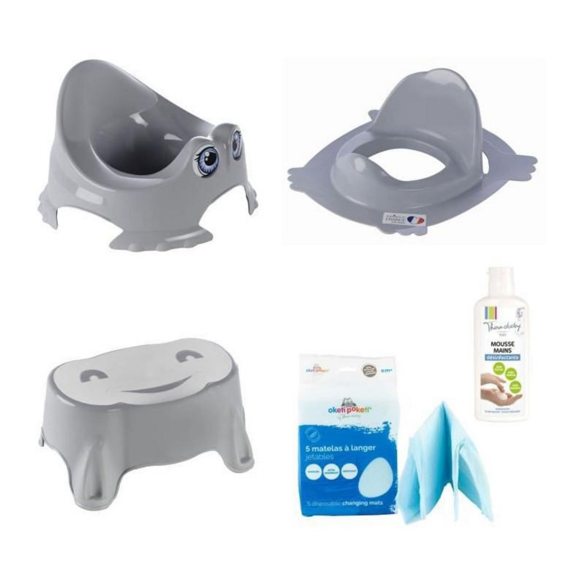 THERMOBABY Pot Bébé + Réducteur de WC + Marchepied antidérapant + Matelas a langer jetables + Mousse désinfectante