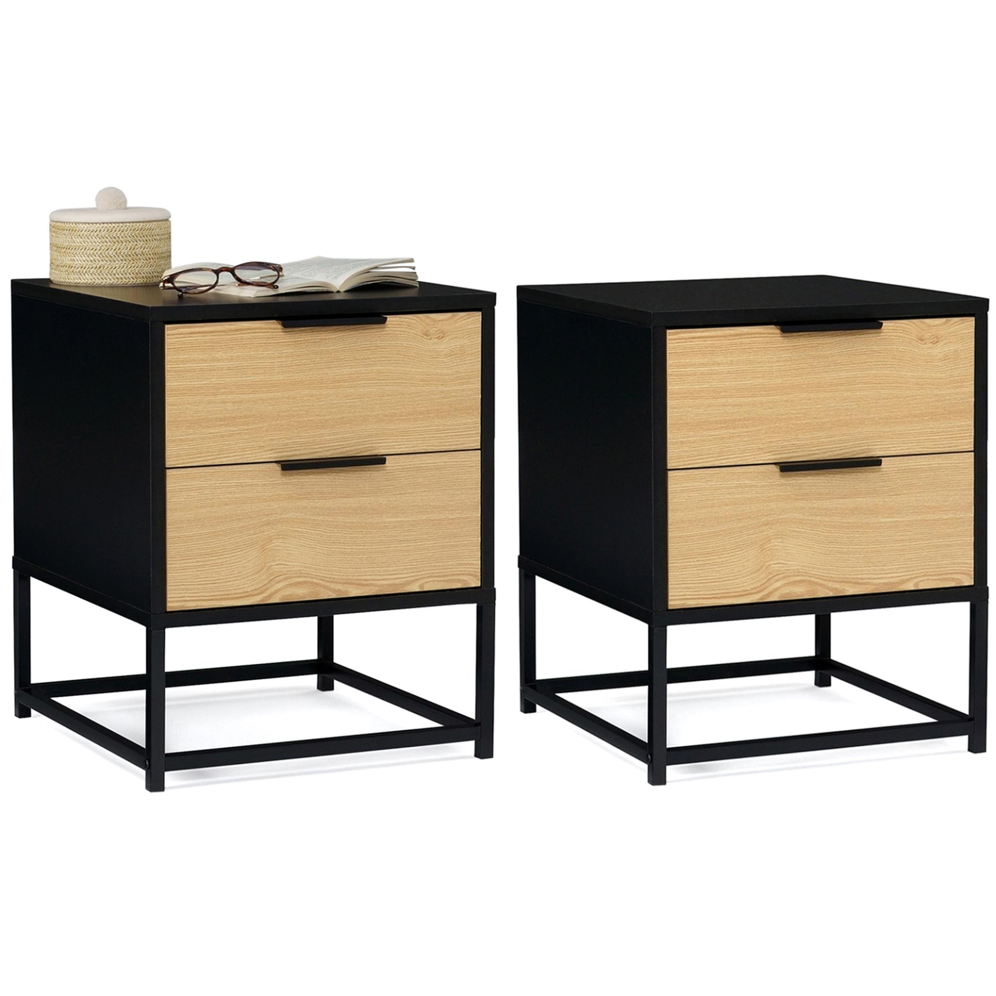 ID MARKET Lot de 2 tables de chevet NEVADA 2 tiroirs noir et bois design industriel