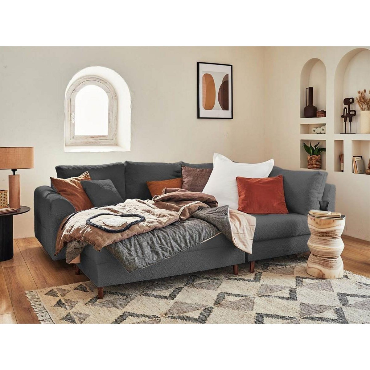 LISA DESIGN Rune - canapé d'angle droit - 4 places - avec pouf d'appoint - en tissu bouclette