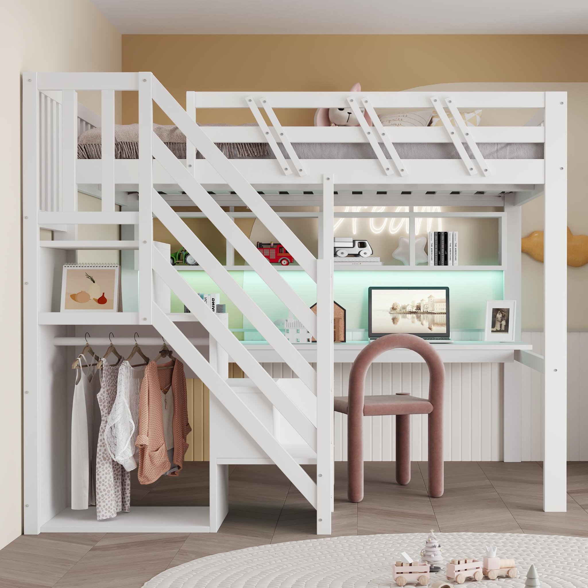 Voir la diapositive 4 : MERAX Lit mezzanine 140x200 cm coloris blanc led bois massif