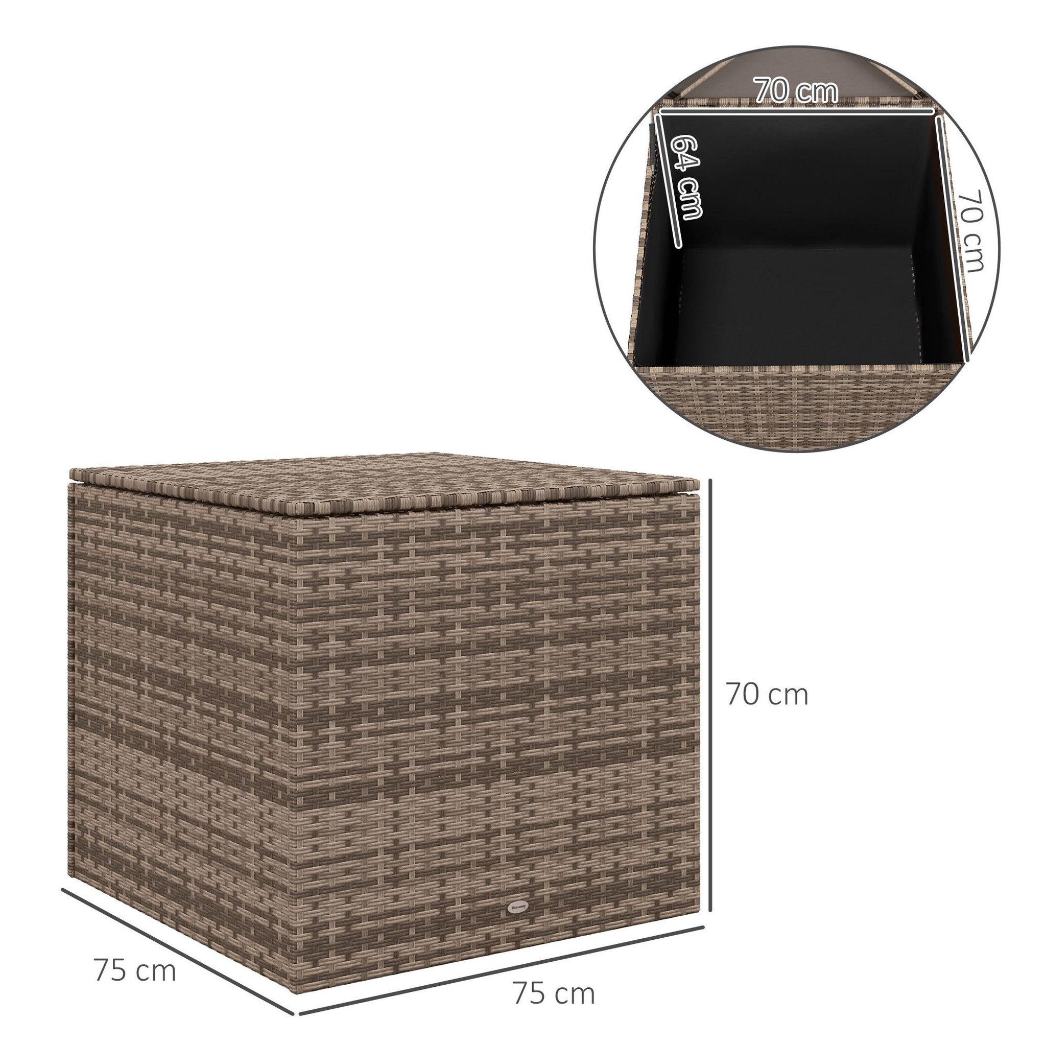 Voir la diapositive 3 : OUTSUNNY Coffre de jardin dim. 75L x 75l x 70H cm vérin pneumatique doublure intérieure résine tressée aspect rotin taupe