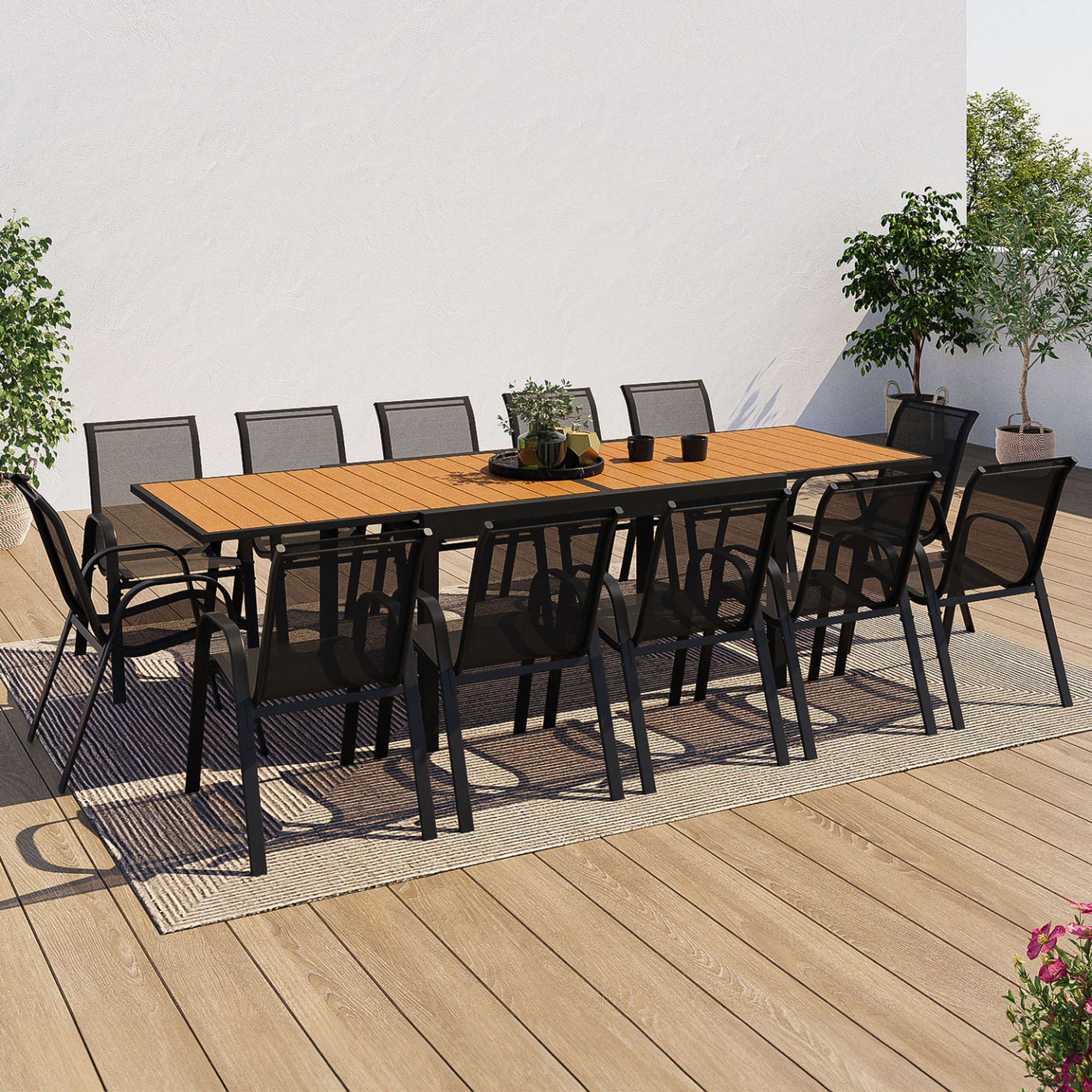 Voir la diapositive 2 : ID MARKET Salon de jardin poly table extensible 135-270 cm et 12 chaises bois et noir