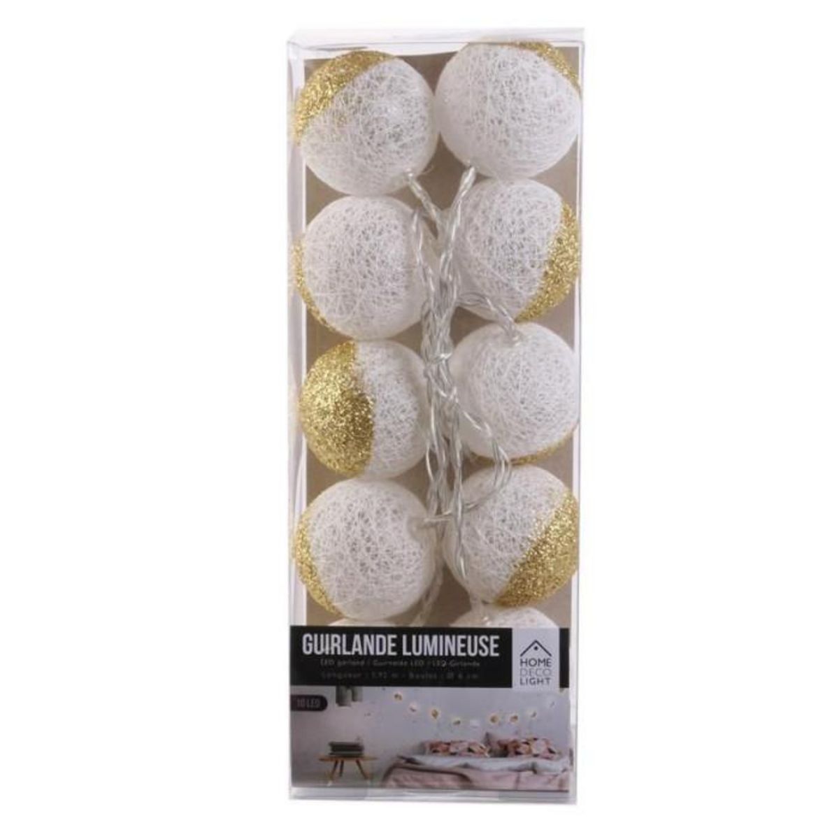 Paris Prix Guirlande Lumineuse à Led  10 Boules  192cm Or & Blanc