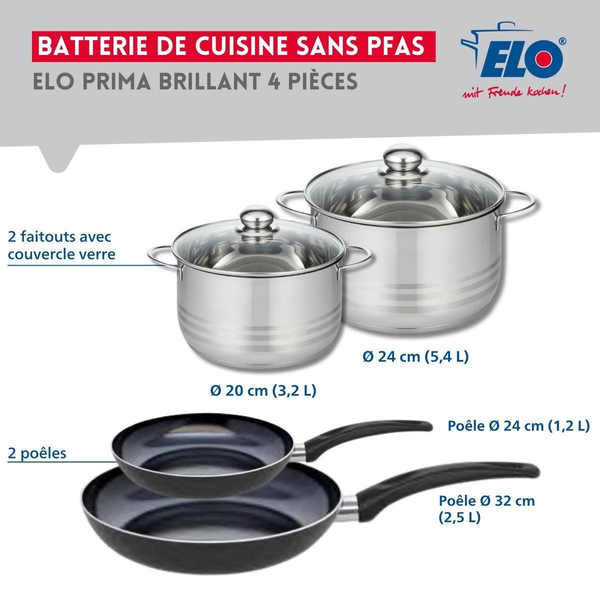 Voir la diapositive 2 : ELO Ensemble de 2 poêles de cuisson 24 et 32 cm et 2 faitouts 20 et 24 cm elo prima brillant