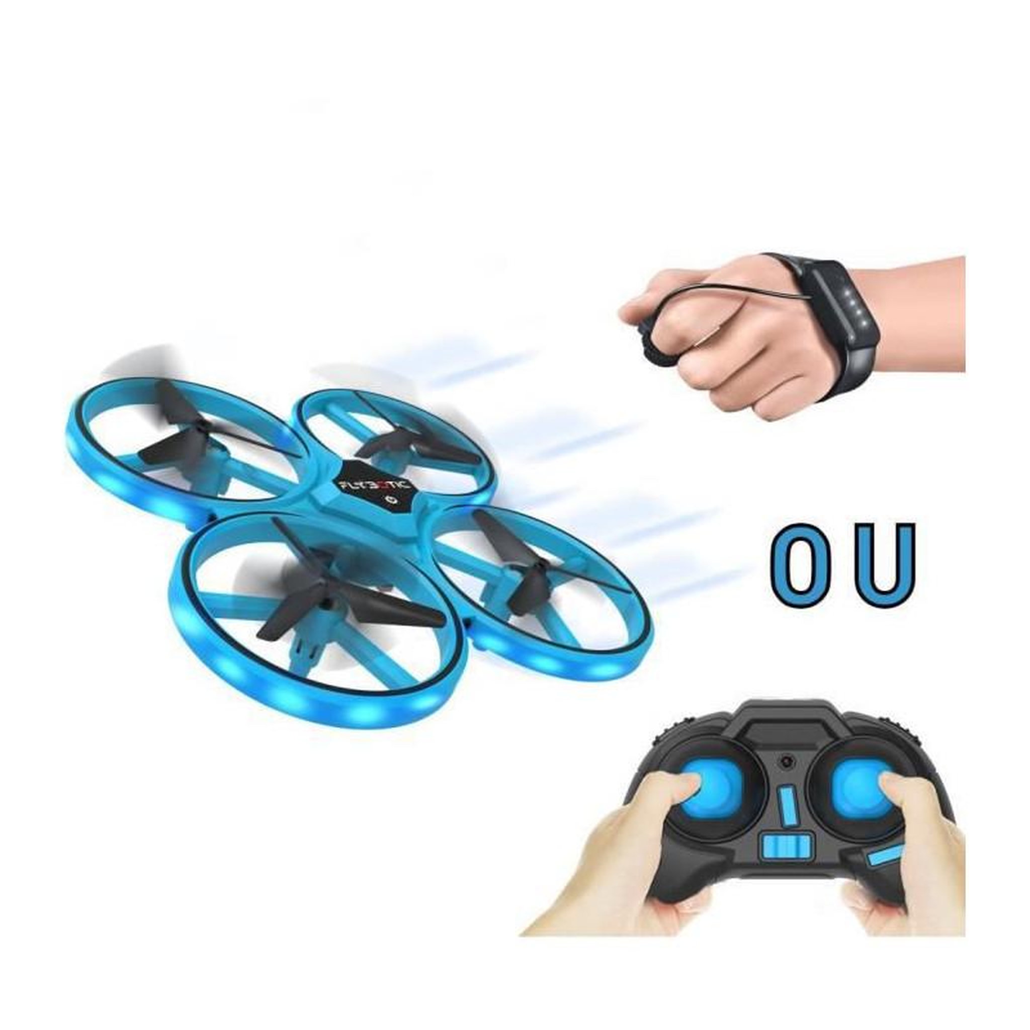 Voir la diapositive 2 : FLYBOTIC FLASHING DRONE - Mini drone avec LED - FLYBOTIC - Telecommande classique + telecommande mouvement poignet - Looping 360