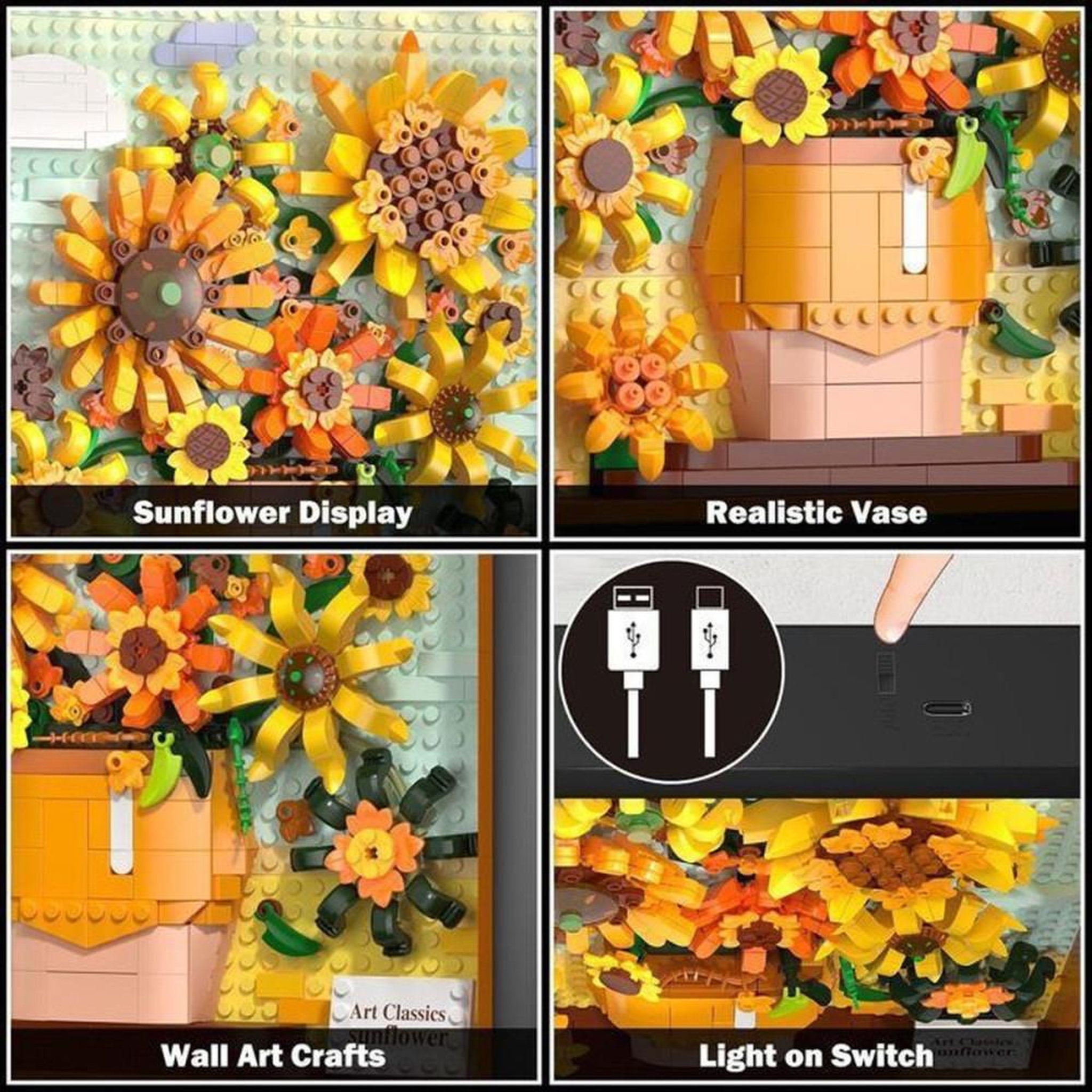Voir la diapositive 3 : Kit cadres de briques LED HOGOKIDS « Sunflowers » inspiré de Van Gogh, 807 pièces, cadre noir, ABS, alimentation USB