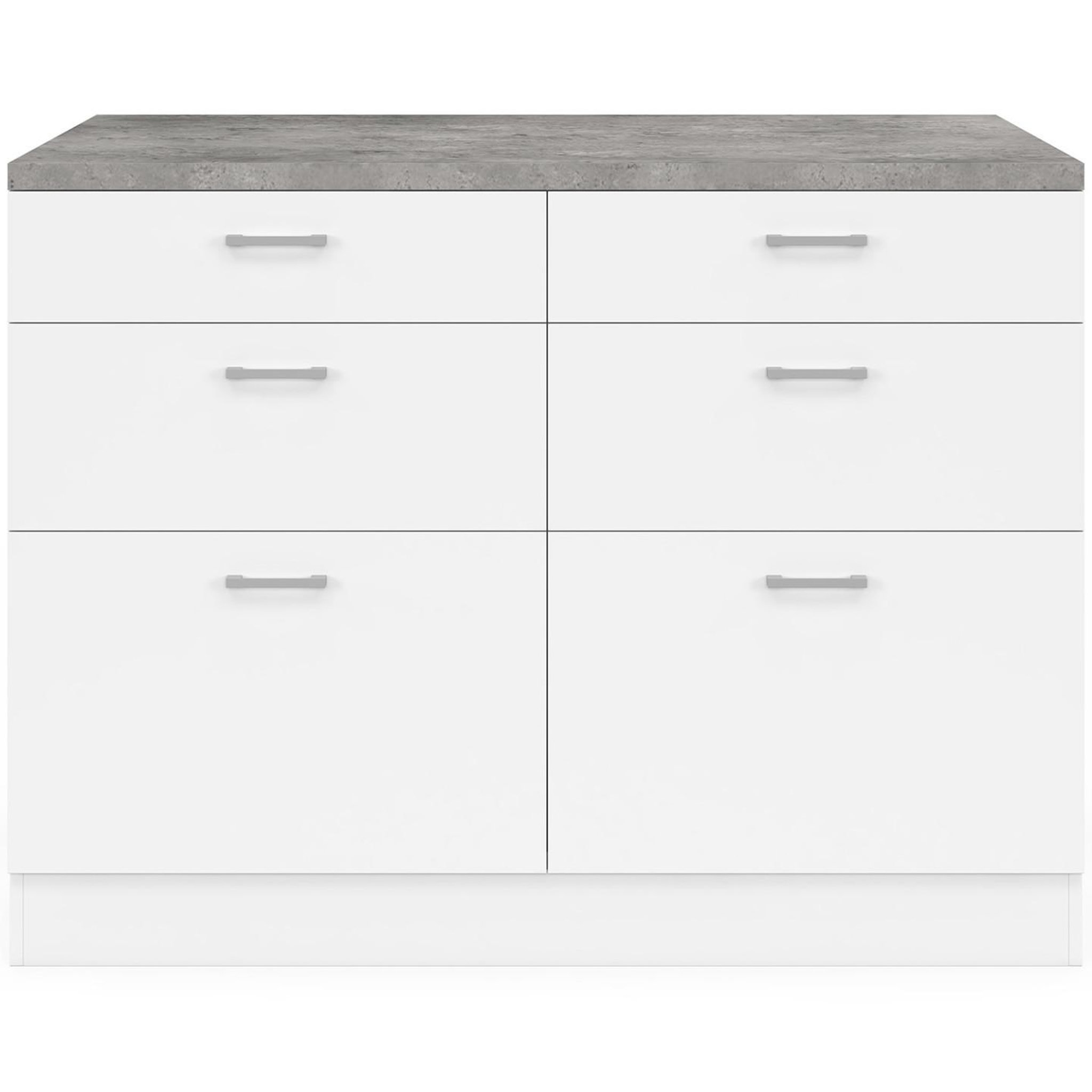 Voir la diapositive 3 : ID MARKET Ilot central mange-debout orso 120 cm casserolier 6 tiroirs blanc avec plan de travail effet béton