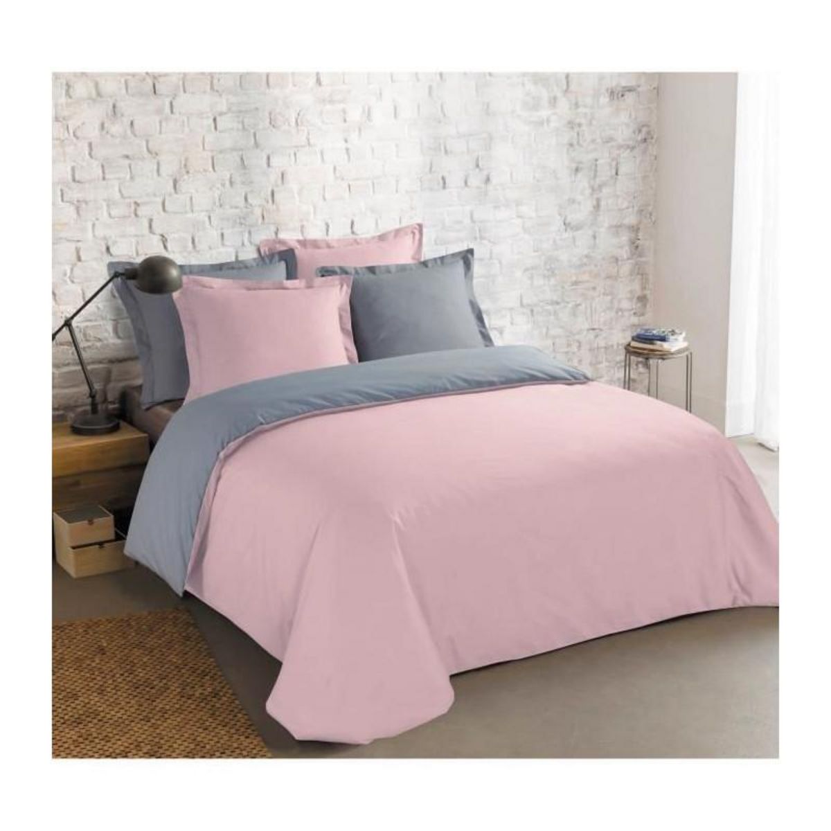 VISION VISION - Bicolore - Housse de couette Réversible 240x220cm avec 2 taies 65x65cm - Gris/rose - 100% coton