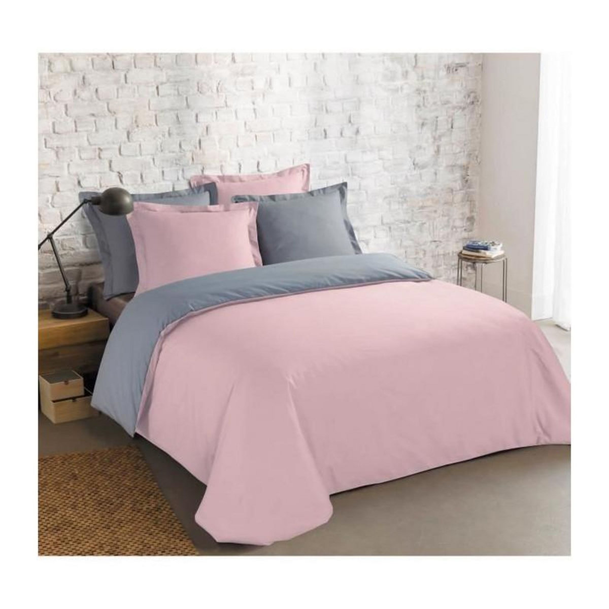 VISION VISION - Bicolore - Housse de couette Réversible 240x220cm avec 2 taies 65x65cm - Gris/rose - 100% coton
