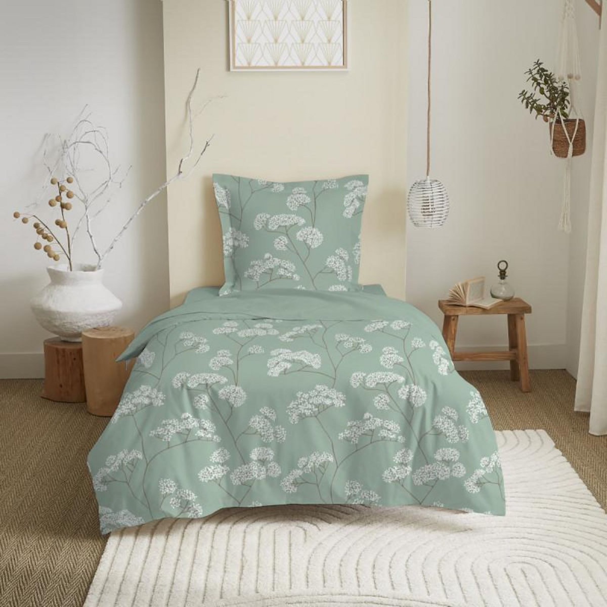 COTON PUR Parure de draps 3 pièces pour lit 90 x 190 cm Landscape Menthe