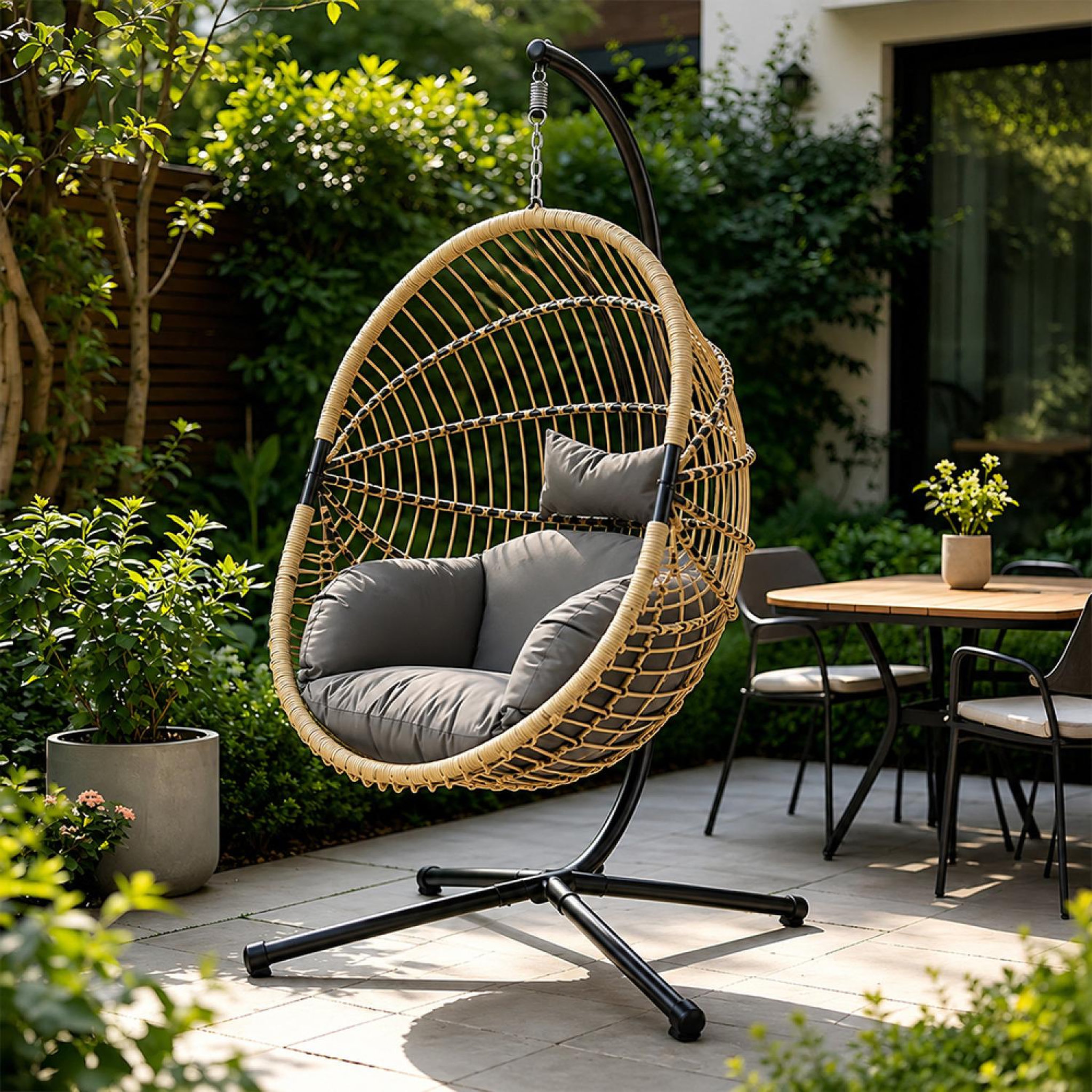 Voir la diapositive 2 : CONCEPT USINE Fauteuil suspendu effet rotin avec coussin gris brasilia