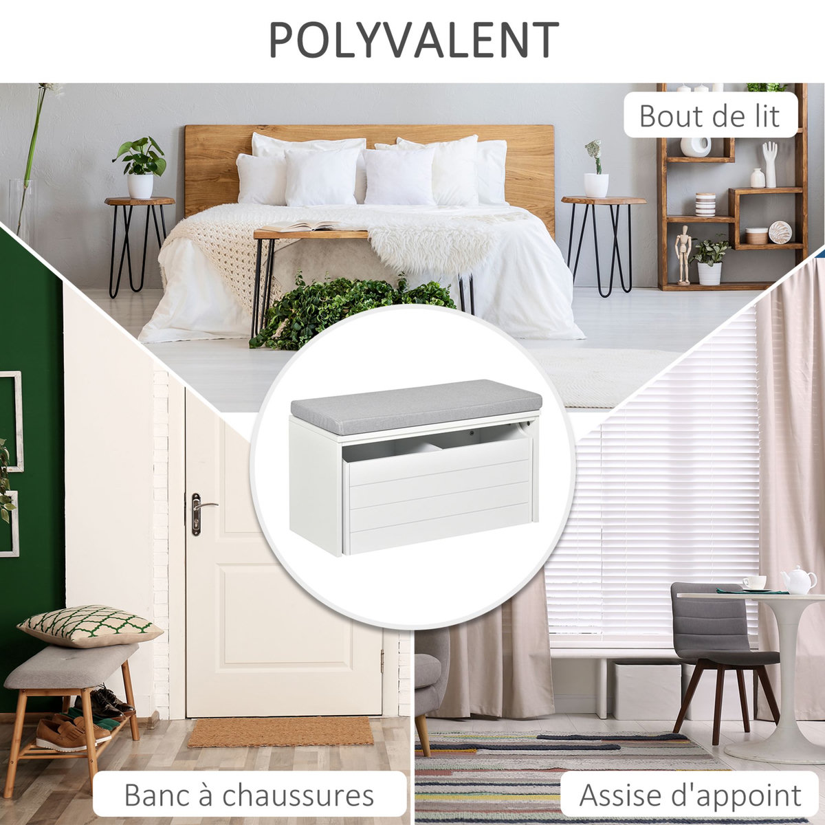 HOMCOM Banc de rangement avec coussin gris - meuble à chaussures - banc à chaussures avec grand tiroir double compartiment - MDF blanc