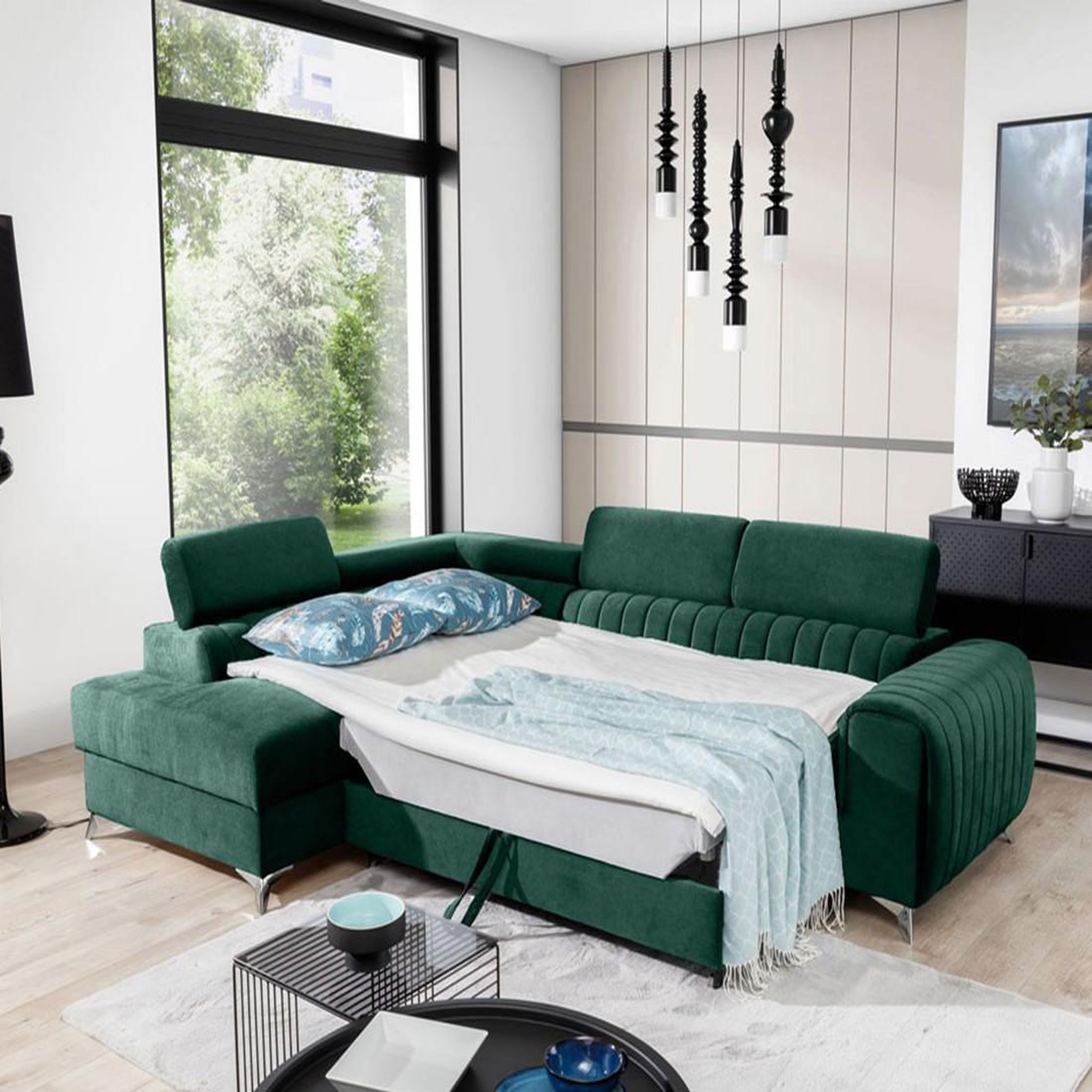 Voir la diapositive 2 : BEST MOBILIER Talisay - canapé d'angle gauche - 5 places - convertible avec coffre - en velours
