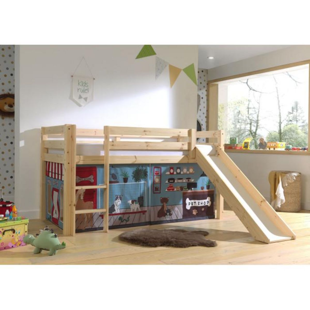 Paris Prix Lit Enfant Surélevé Avec Toboggan  Pino Pet Shop  90x200cm Naturel