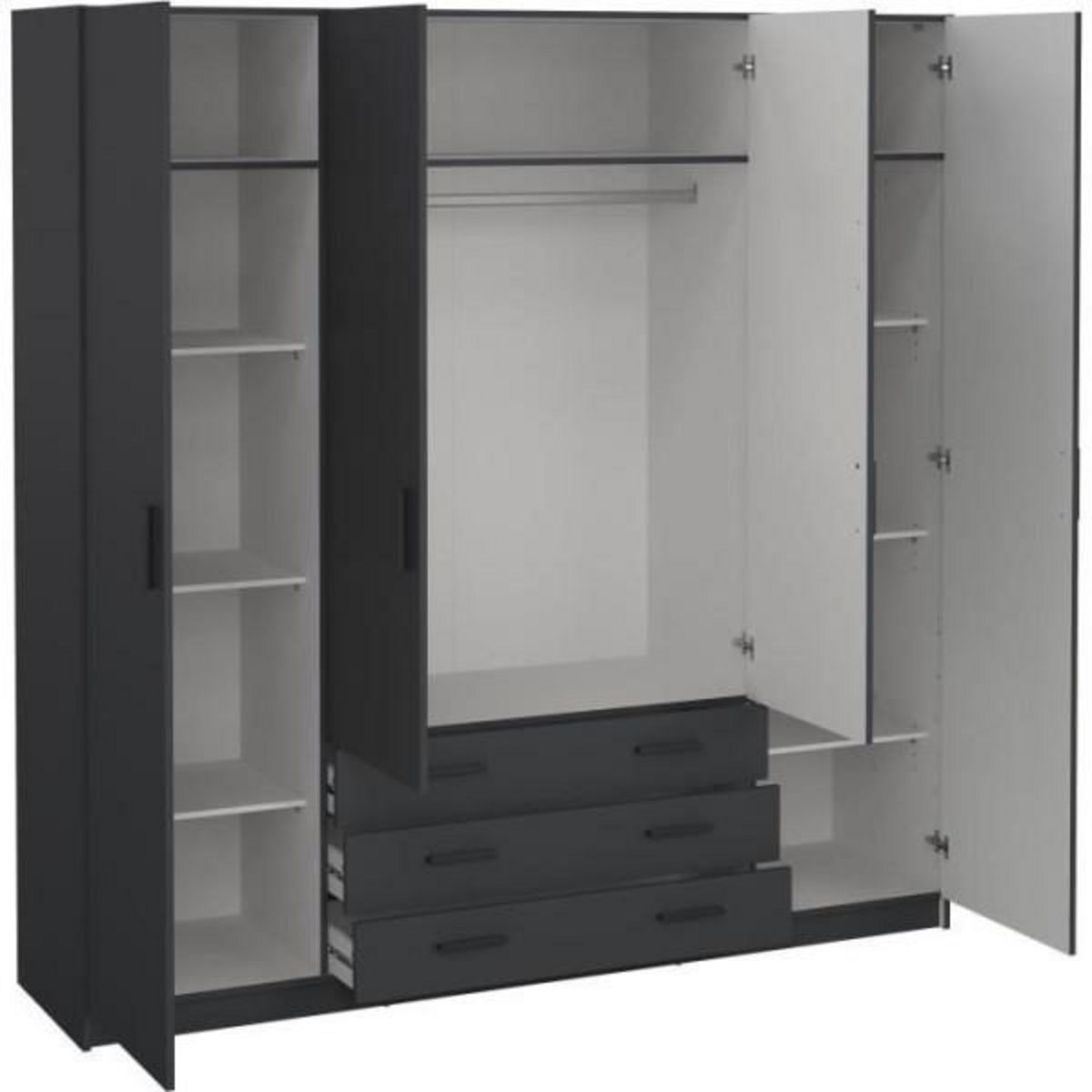 MARKET24 Armoire VEGA - Décor Gris anthracite - 4 portes + 3 tiroirs - L 195,5 x P 49,6 x H 200,4 cm