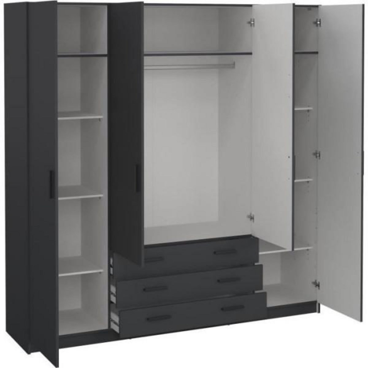 MARKET24 Armoire VEGA - Décor Gris anthracite - 4 portes + 3 tiroirs - L 195,5 x P 49,6 x H 200,4 cm