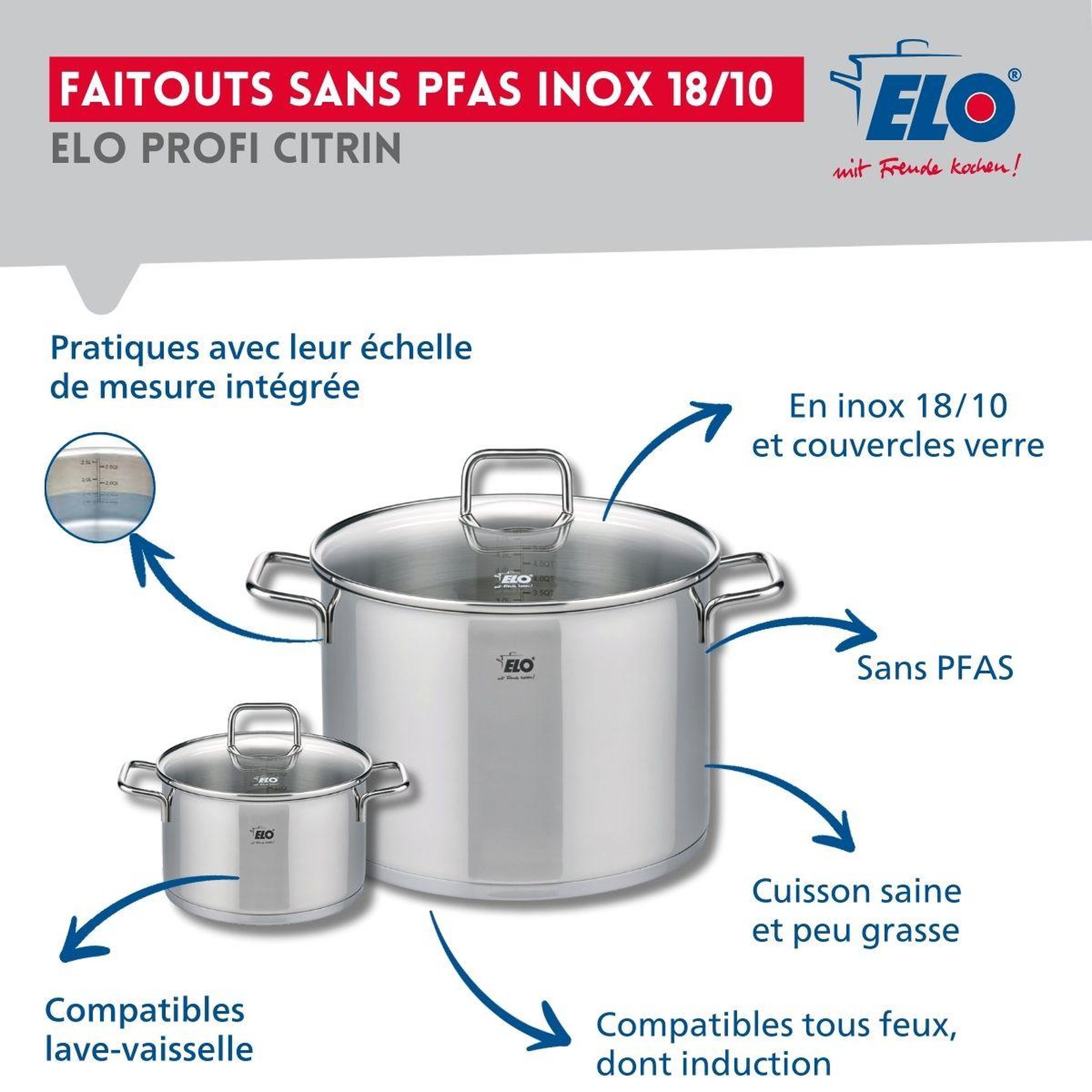Voir la diapositive 3 : ELO Ensemble de 2 poêles de cuisson 24 et 32 cm et 2 faitouts 14 et 26 cm elo profi citrin