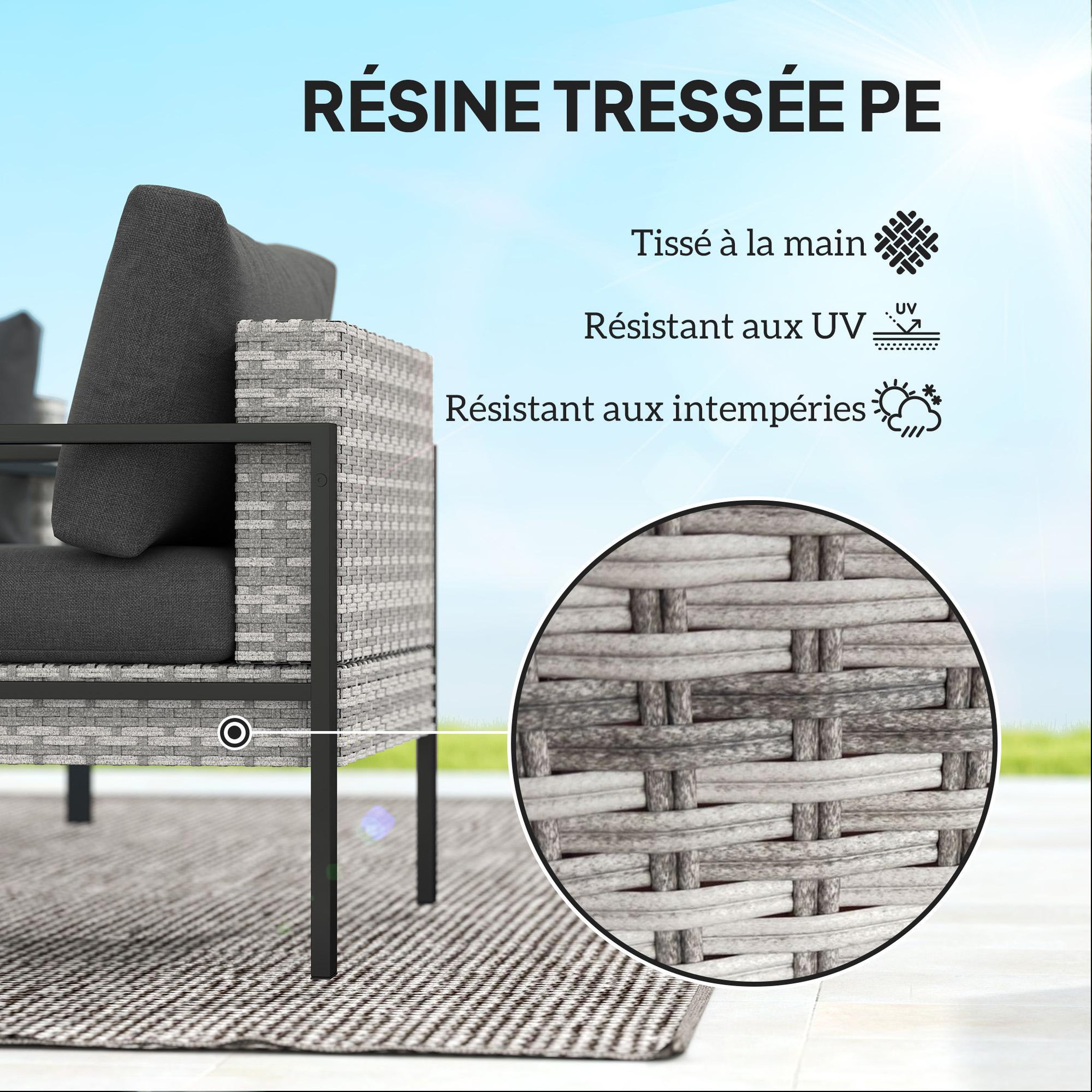 Voir la diapositive 6 : OUTSUNNY Ensemble salon de jardin 5 places 4 pièces coussins anthracite métal époxy noir résine tressée 2 fils gris