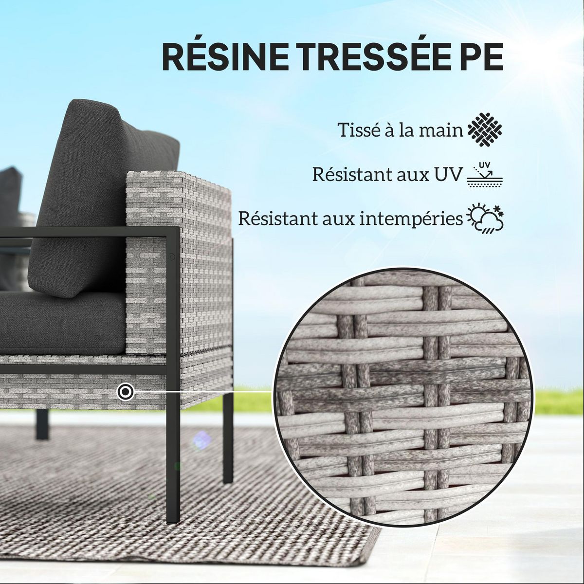 OUTSUNNY Ensemble salon de jardin 5 places 4 pièces coussins anthracite métal époxy noir résine tressée 2 fils gris