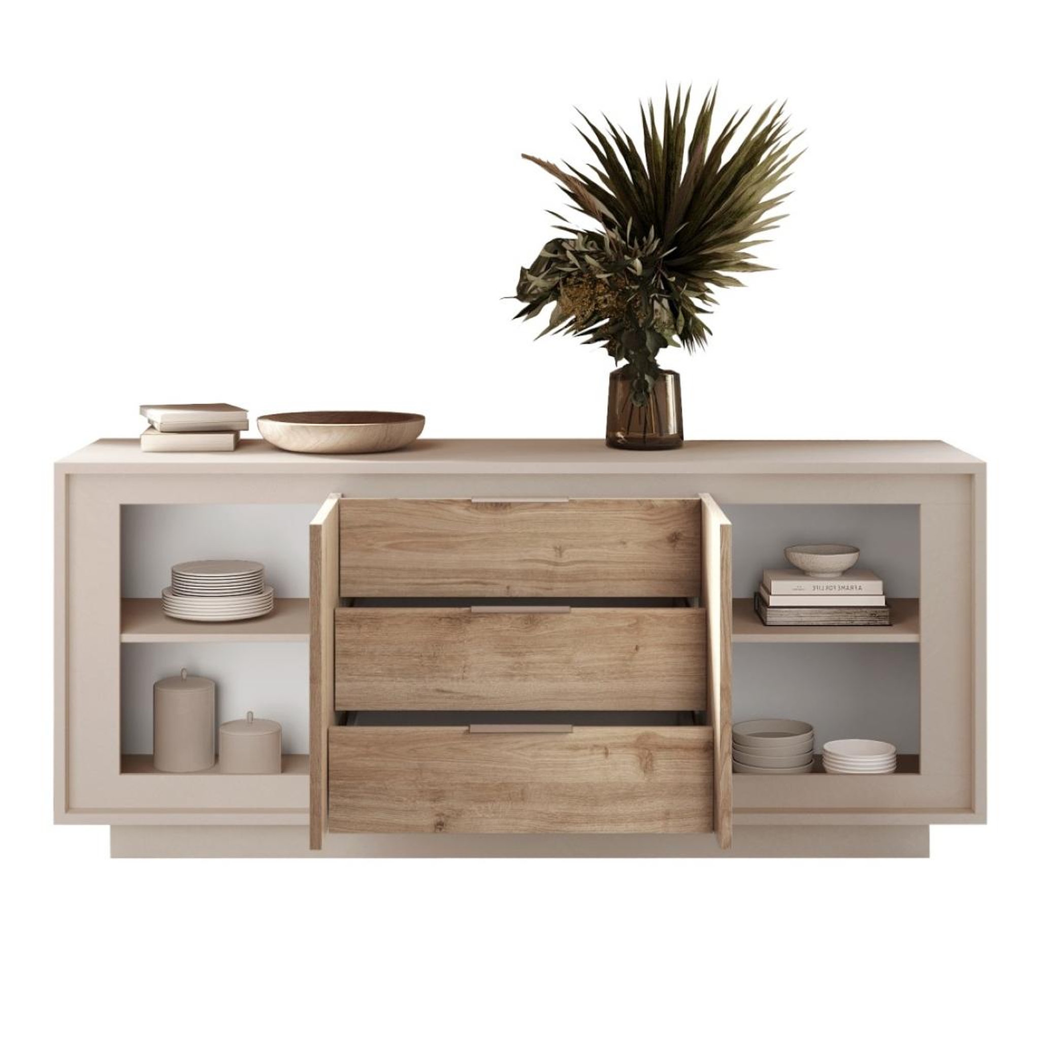 Voir la diapositive 3 : JLC KREATION Buffet bas beige et bois clair 2 portes-3 tiroirs 180cm yori