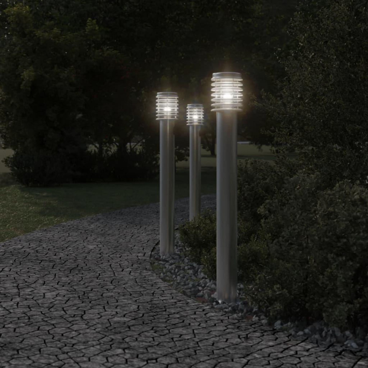VIDAXL Lampadaires d'exterieur 3 pcs argente 110 cm acier inoxydable