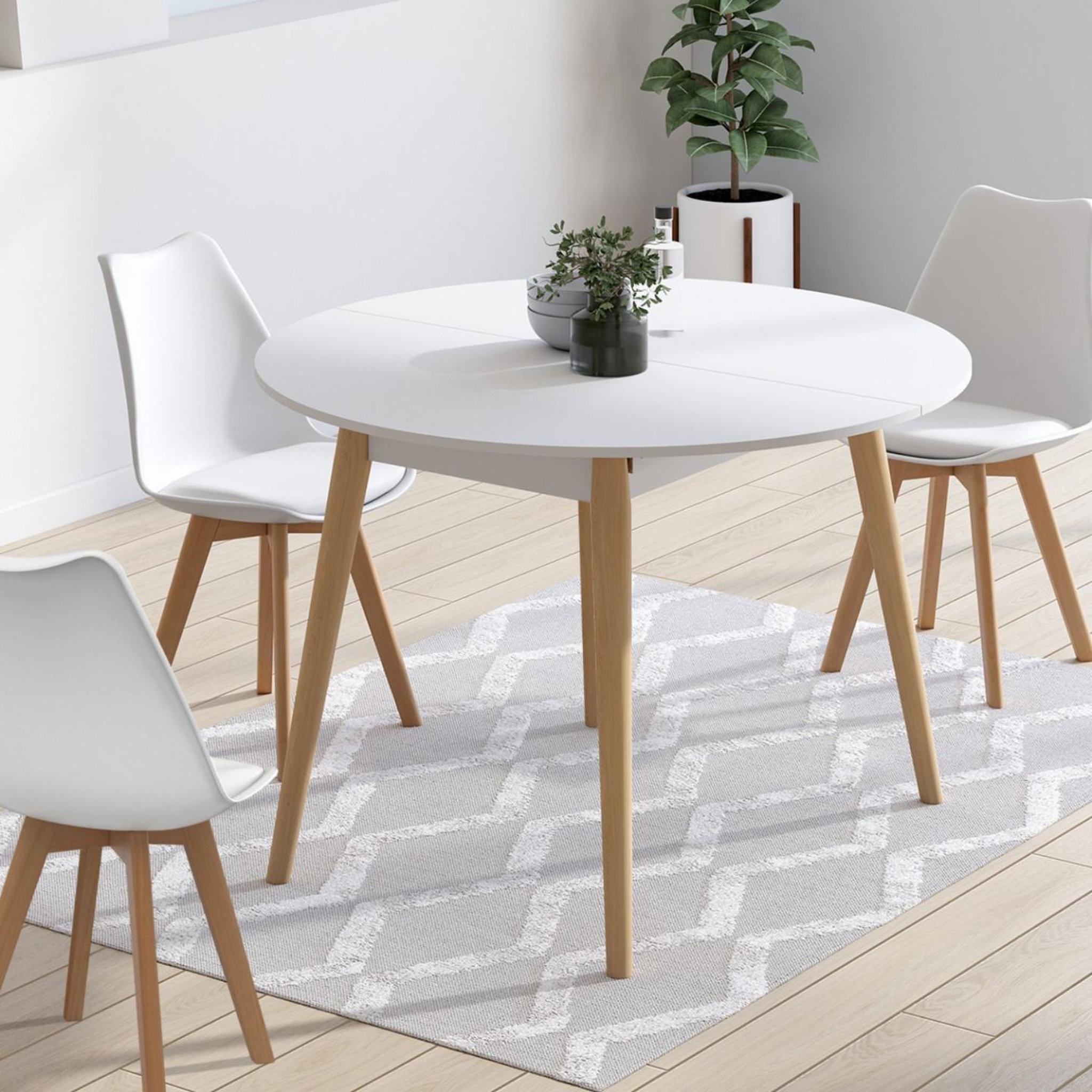 Voir la diapositive 2 : ID MARKET Table à manger fixe ronde angela 4-6 personnes blanc pieds bois 110 cm