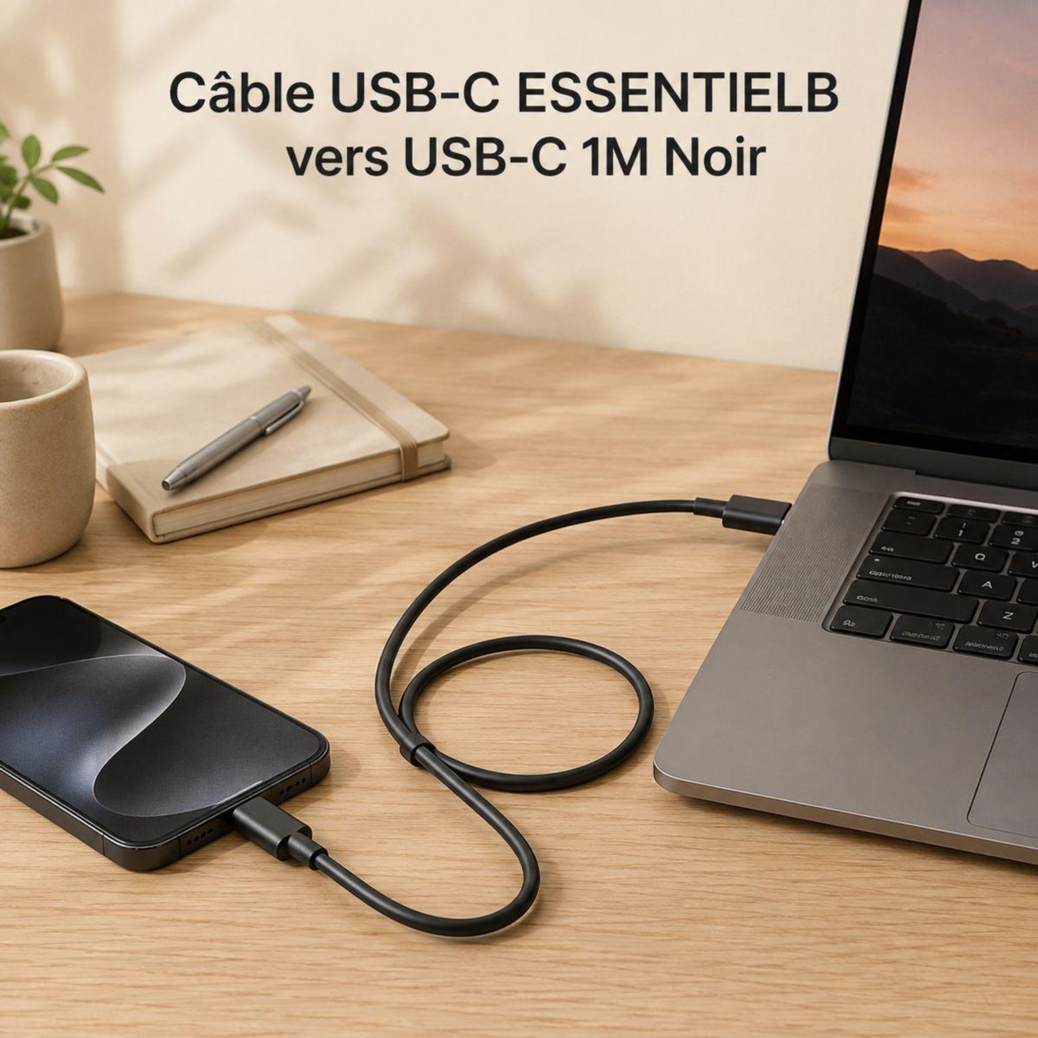 ESSENTIEL B Câble USB C vers USB-C 1M Noir compatible iPhone 17 16 15 Pro Max et Samsung Galaxy S25 S24 Ultra