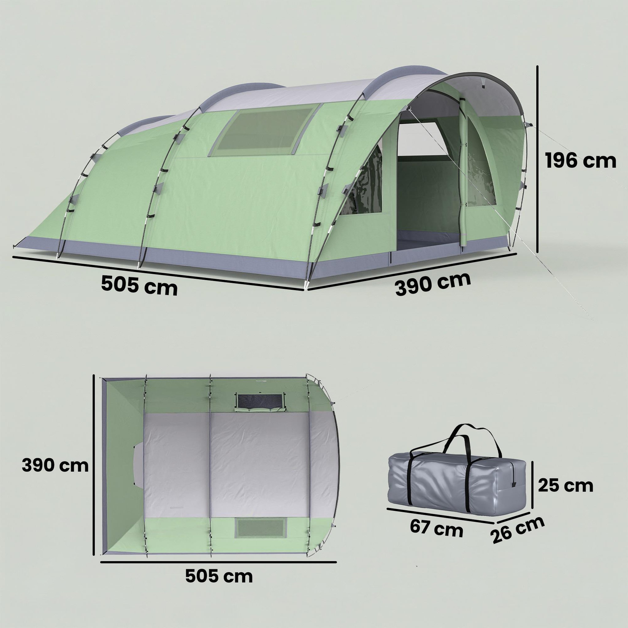 Voir la diapositive 3 : OUTSUNNY Tente de camping tunnel 4 personnes 2 pièces - étanche 3000mm - 505x390x196cm - vert
