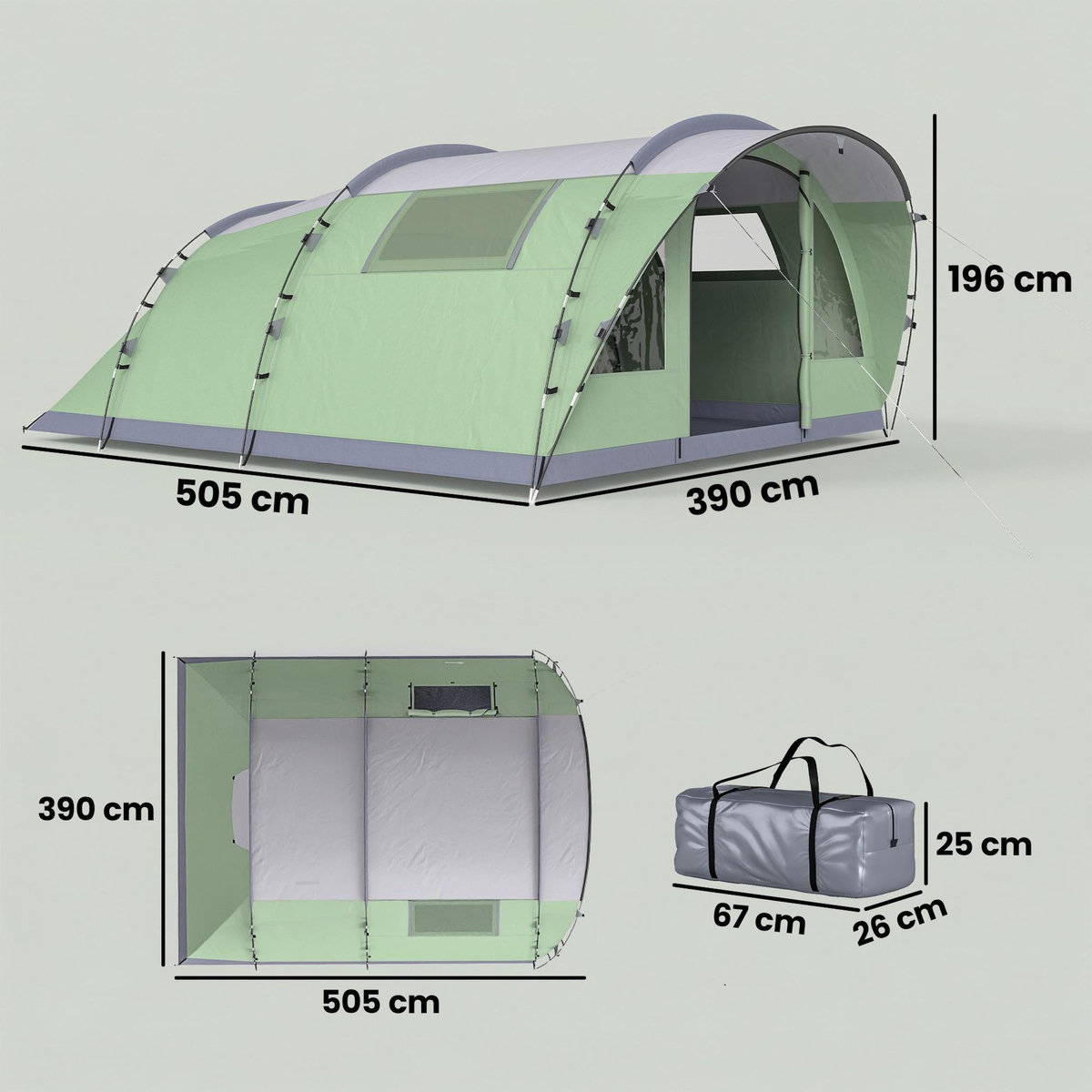 OUTSUNNY Tente de camping tunnel 4 personnes 2 pièces - étanche 3000mm - 505x390x196cm - vert