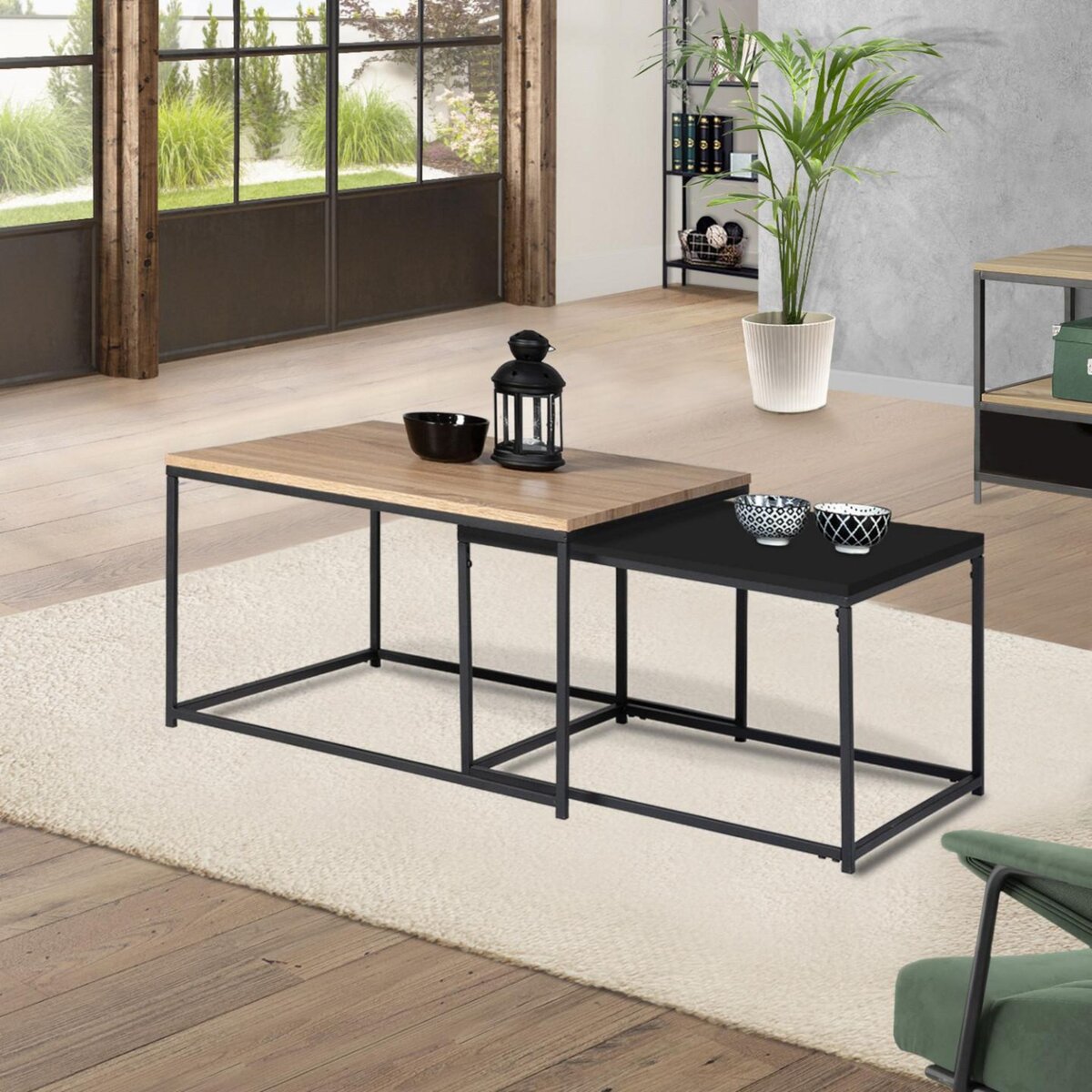 ID MARKET Lot de 2 tables basses gigognes BOSTON 60/70 métal noir et bois design industriel