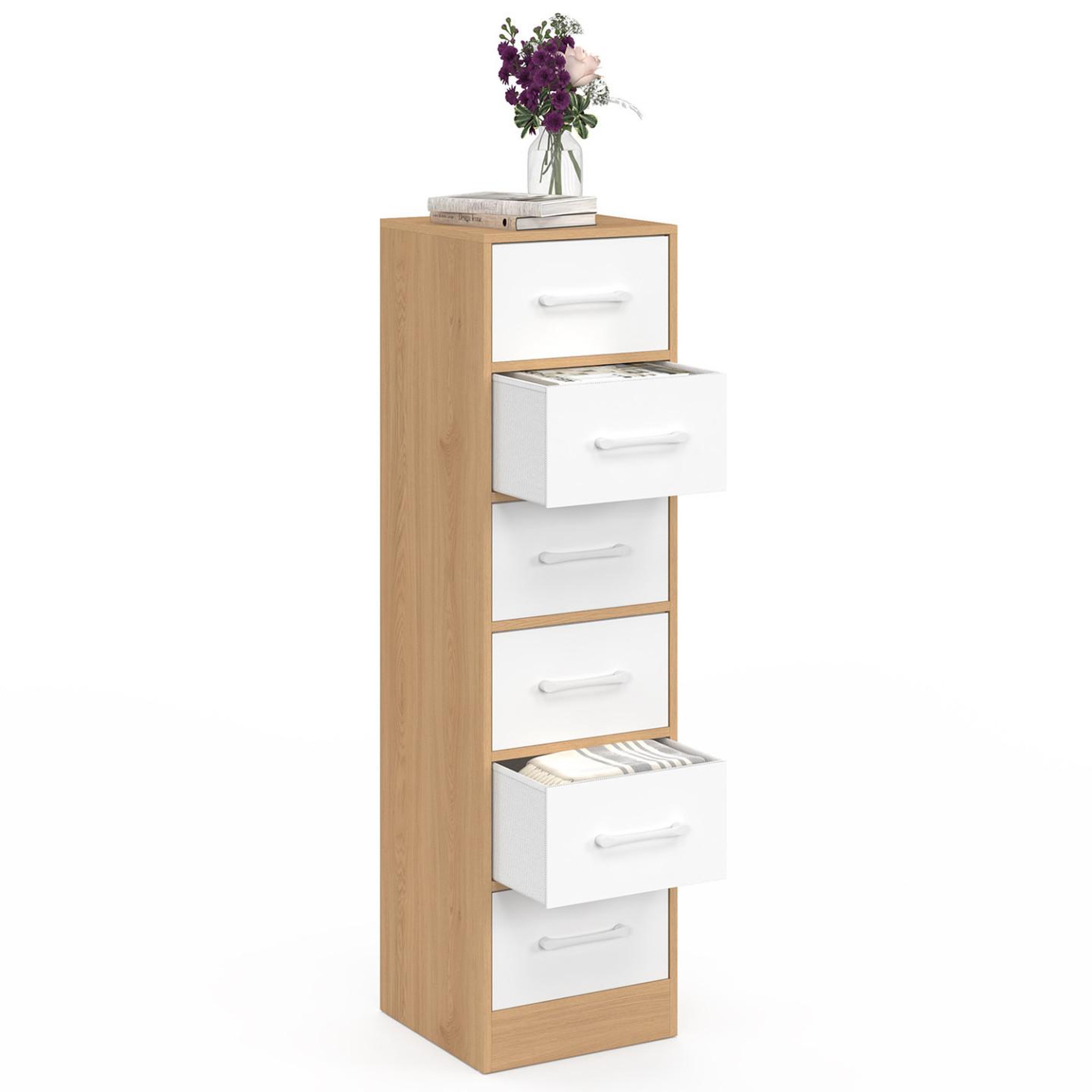 Voir la diapositive 4 : ID MARKET Meuble d'appoint 6 tiroirs uppah 30x30x110 cm chiffonnier pour entrée salle de bain bois façon hêtre et blanc