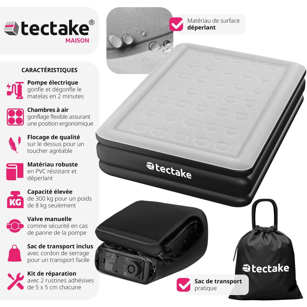 tectake Matelas gonflable avec pompe électrique sac de transport inclus 200x101x44cm