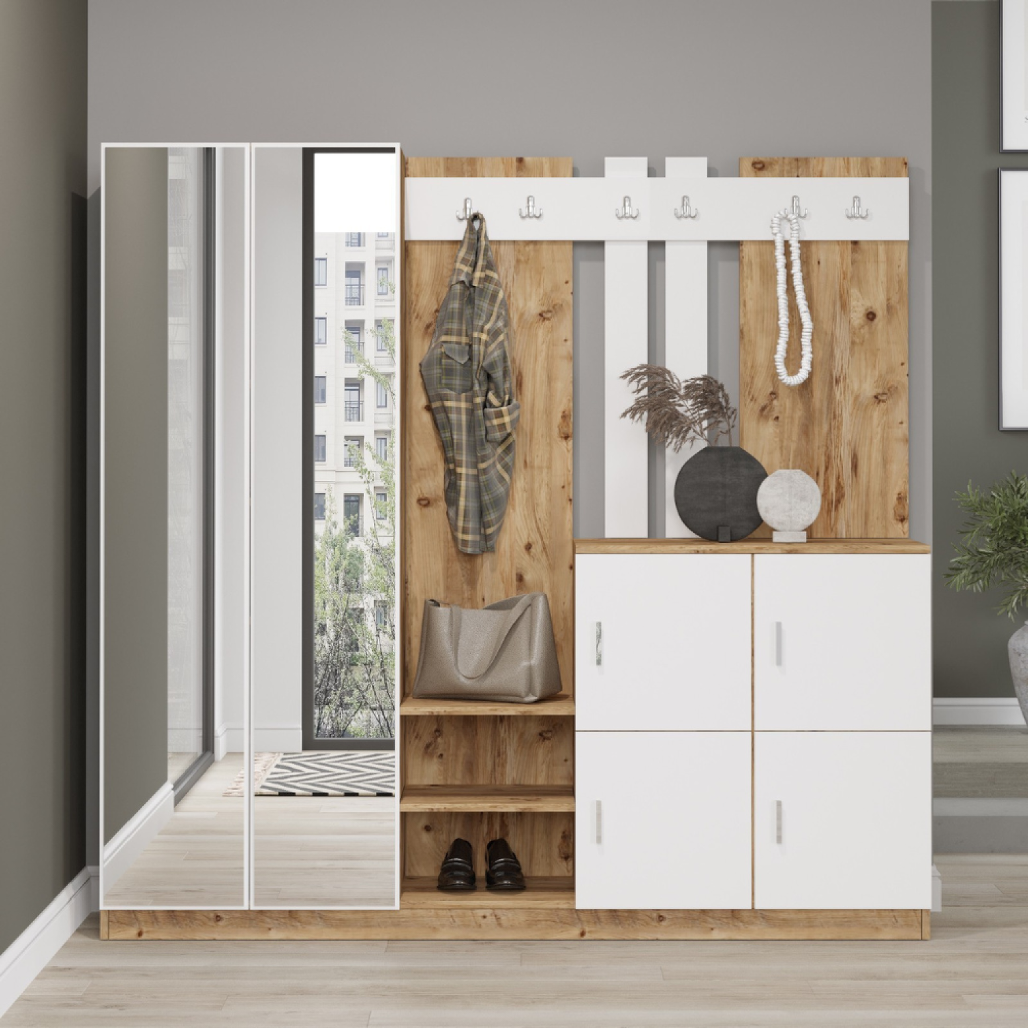 Voir la diapositive 5 : CONCEPT USINE Meuble d'entrée avec miroir bois et blanc anka