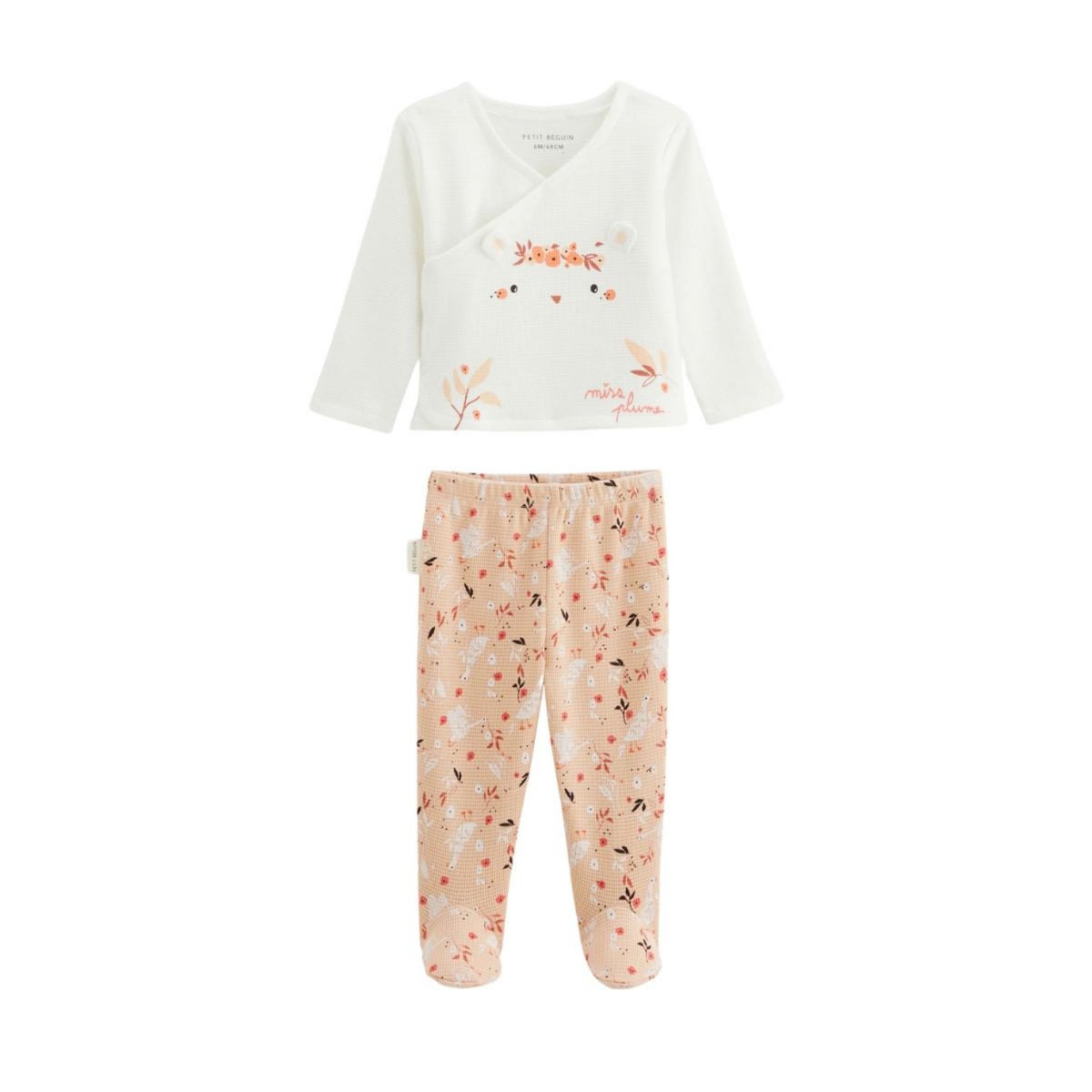 Petit Béguin Ensemble bébé gilet et pantalon en coton nid d'abeille Miss Plume